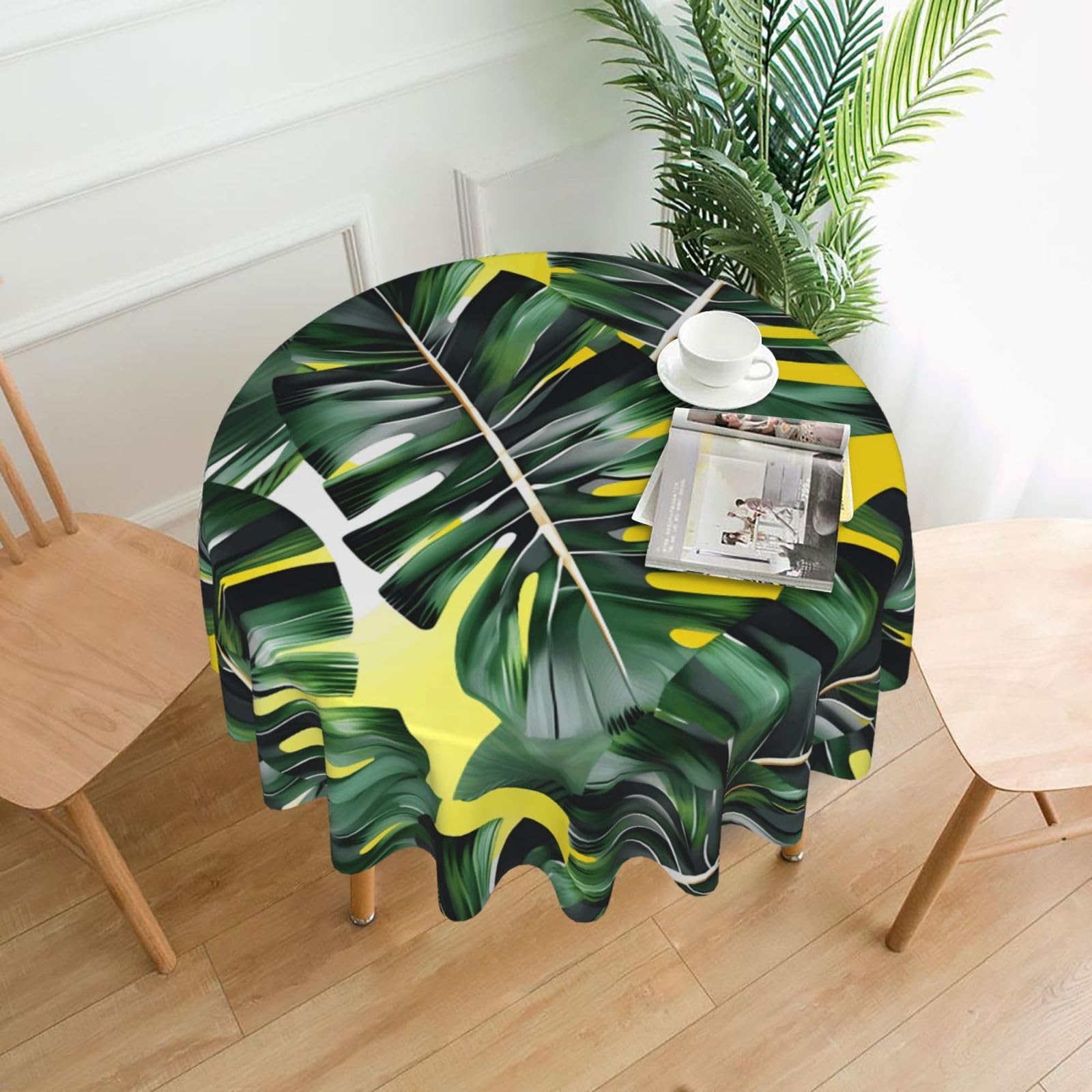 Nbtghga Tropical Banana Palm Leaves Print Tablecloth Round Border Table Cloth Cover Decorative For Party Holiday Dinning Tabletop Home