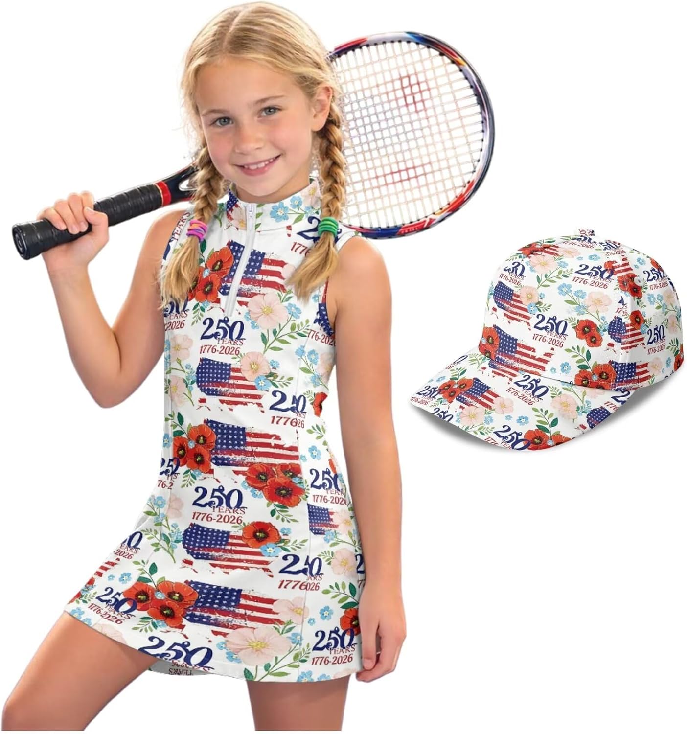 Yzaoxia Girls Tennis Dress, UPF 50+ Sun Cap Included, Sleeveless No Built-in Shorts, Casual Sportswear for Growing Girls