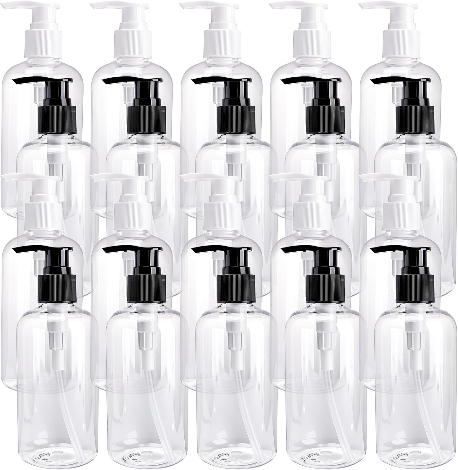 20 Pack 250ml Empty Lotion Bottles with Black and White Pumps Clear Plastic Pump Bottles Round Shoulder Containers for Face Cream Liquid Hand Soap Shampoo Conditioner