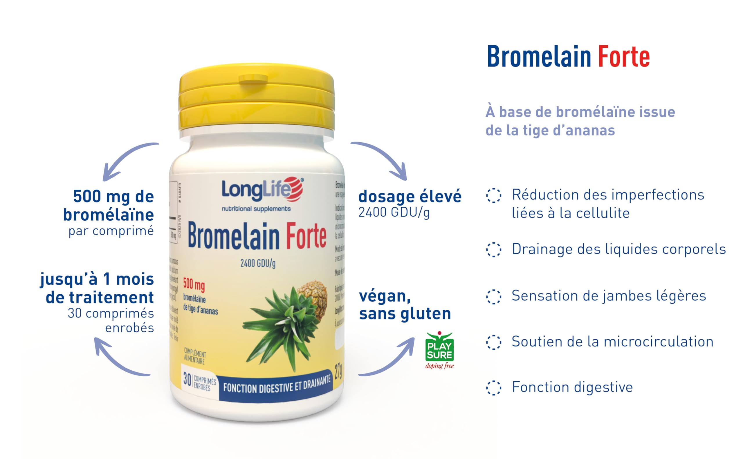 LongLife® Bromelain Forte | Haute concentration 2400 GDU/g | Bromélaïne issue de la tige d’ananas | Drainage jambes et digestion | Haute teneur en enzymes | 30 comprimés enrobés | Sans gluten et végan