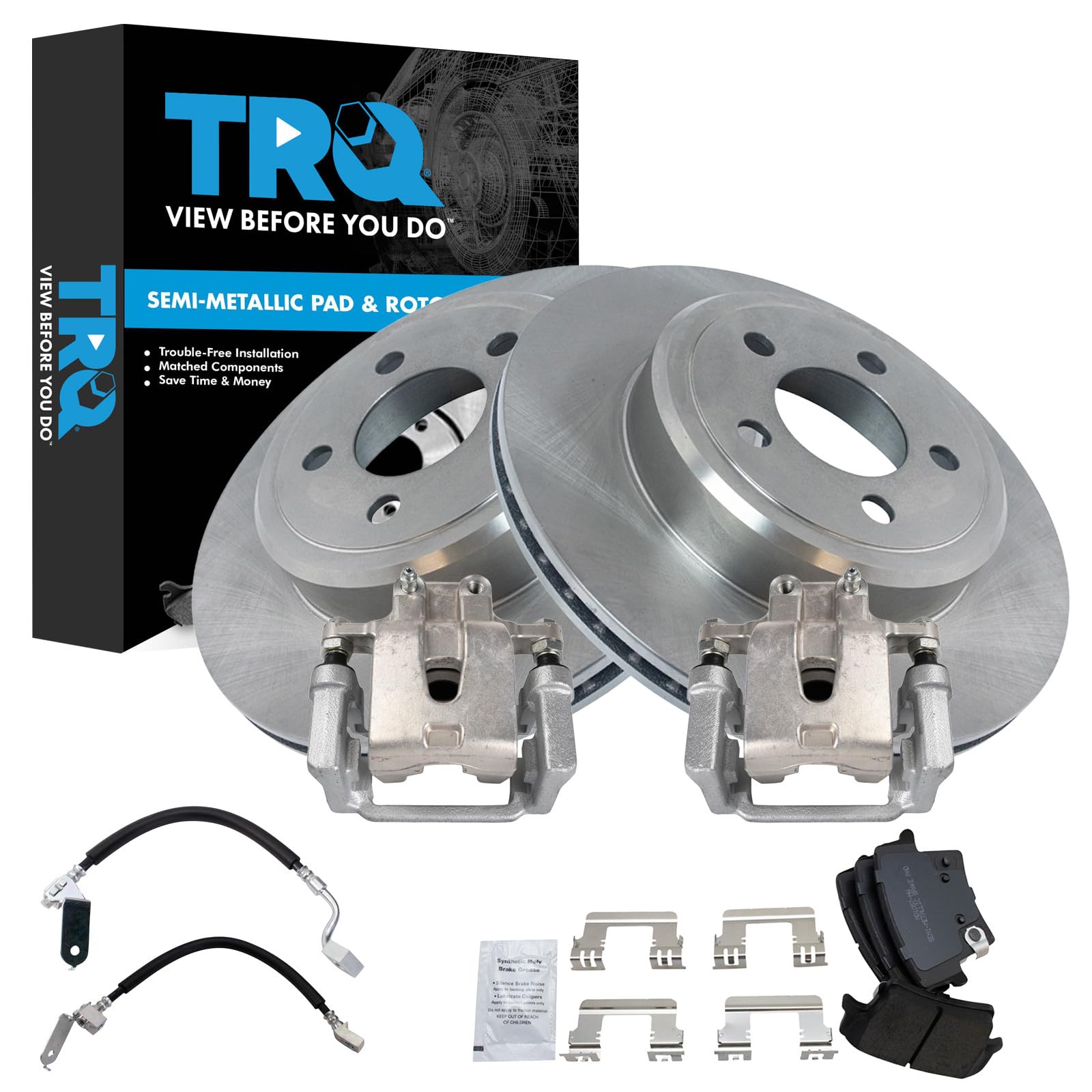TRQ Rear Brake Pad and Rotor Set Semi Metallic Rotors Calipers Compatible with 2014 Chrysler 300 2013-2014 Challenger 2006 Charger