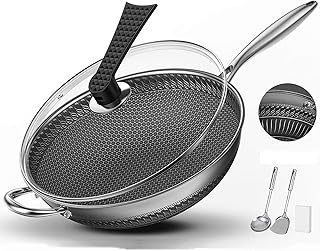 JY&WIN Wok en Acier Inoxydable de 12,6 Pouces, sans fumée à l'huile Poêle à Wok Domestique Non enduite Poêle antiadhésive, nid d'abeille en Acier Inoxydable Skillets Peu Profonds Wok, Batterie de c