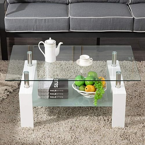 Miniatura 10 de Axonl - Mesa auxiliar rectangular moderna para sala de estar, mesa central de cristal para sala de estar, mesa de centro de 2 niveles con
