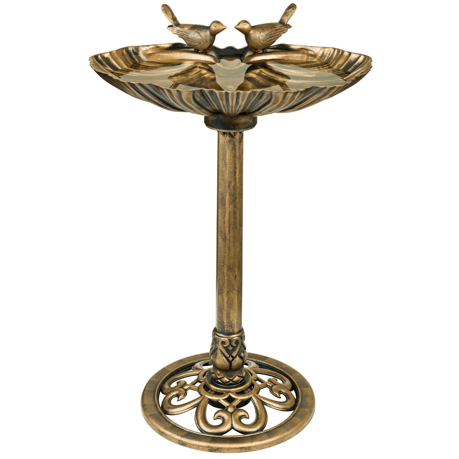 AAMENBronze Effect Plastic Bird Bath For Garden - Garden Ornaments Outdoor Bird Tables, 2-Birds Shell-Shaped Smart Bird Feeder, Bird Water Feeder, Brown Bird Bath Table_51 x 81cm