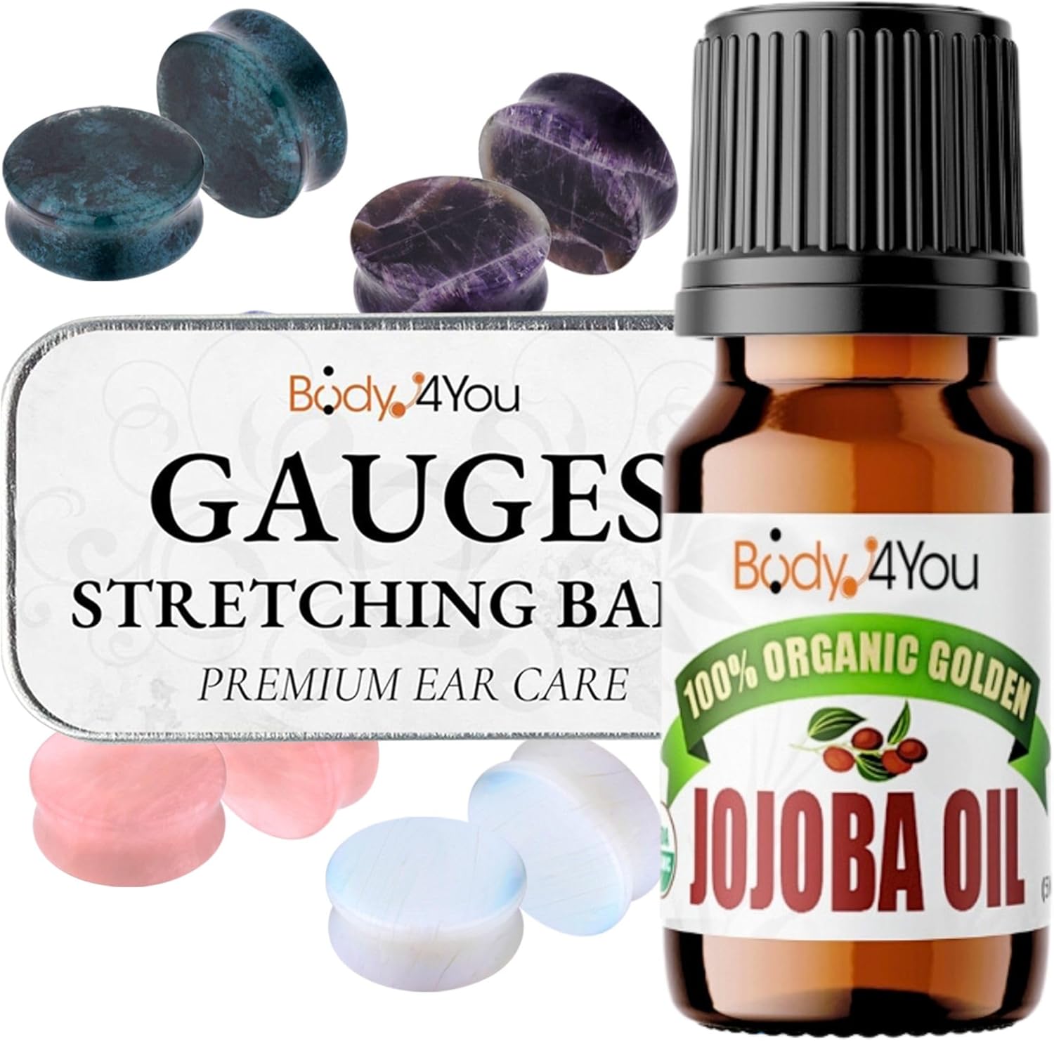 BodyJ4You 18PC Body Piercing Stone Plugs - Ear Stretching Balm Organic Jojoba Oil Aftercare - Big Gauge 24mm (1") - Saddle Double Flared Tunnels Expander Earrings