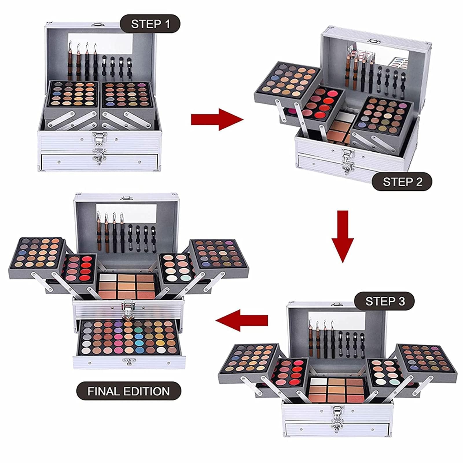 Kit de maquillage pour femmes et filles, kit de maquillage tout-en-un avec pinceau cosmétique, rouge à lèvres, palette de fards à paupières, blush, gel pailleté en rose, mallette de maquillage de