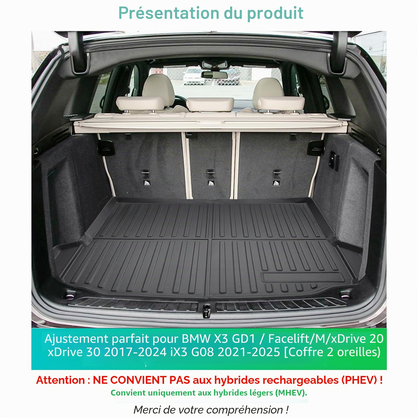 GAFAT Compatible avec BMW X3 G45 2025 2026 Tapis de Coffre, Facile à Plier, X3 2025 MHEV xDrive Tapis en TPE Toutes Saisons, Multifonction, Original Scan 3D Bord Haut, X3 G45 Accessoires [Pas PHEV]