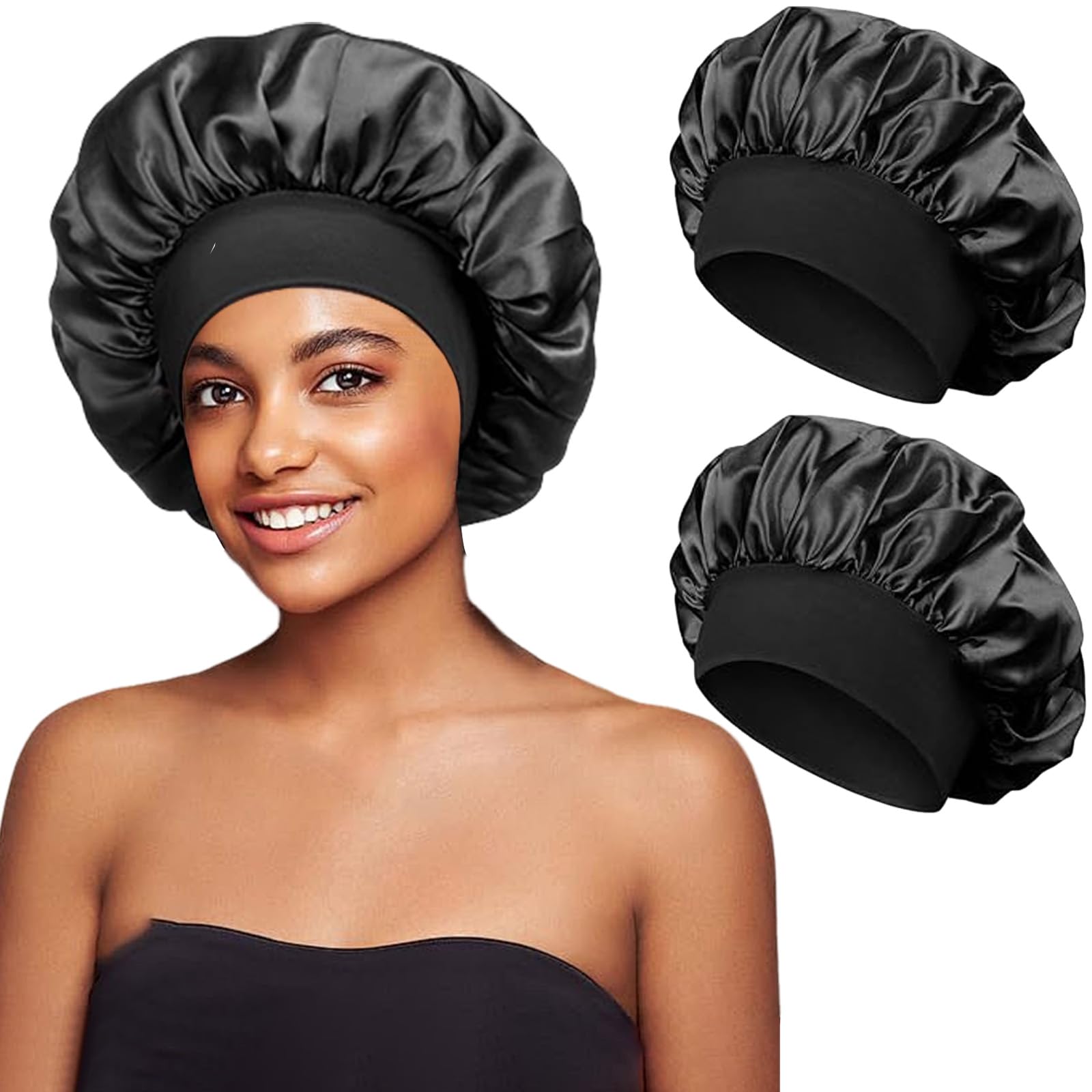 OFKPO 2PCS Satin Bonnet, with Wide Elastic Band, Silk Bonnet Hair Wrap for Women and Girls Silk Sleep Cap(Black)