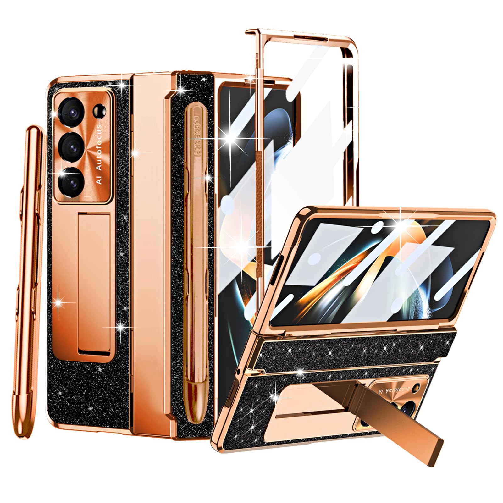 Custodia per Samsung Galaxy Z Fold 4 da donna, [include pennino] [portapenna S pastable] lussuosa custodia in pelle PC con placcatura glitterata integrata con pellicola protettiva per lo
