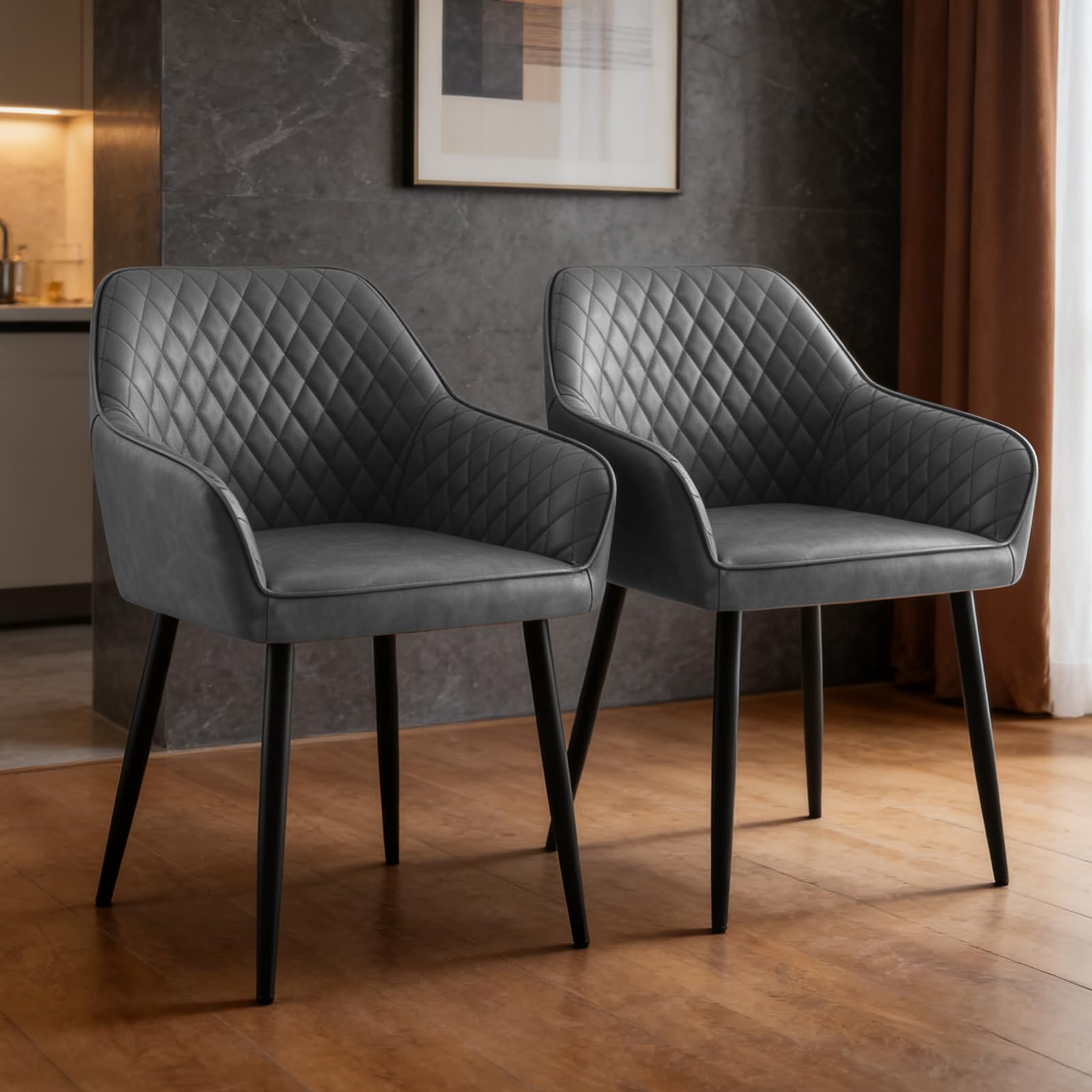 ZOONFA Dining Chair Set of 2 Upholstered Faux Leather Kitchen Chairs with Metal Legs Backrest and Armrest Modern Accent Chair for Dining Room Living Room (PU Dark Grey)
