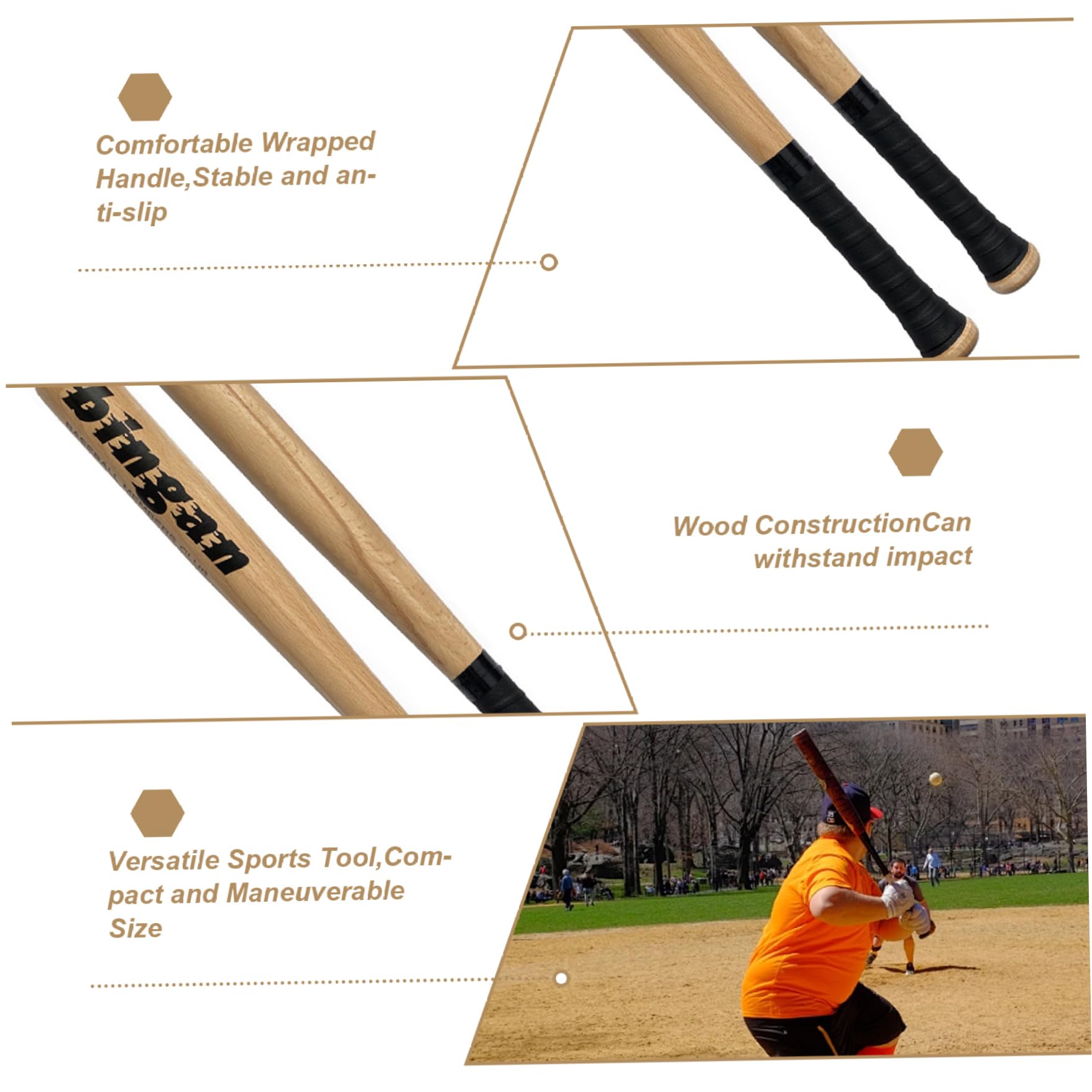 Baseball Bat, 21 Inch Wooden Bat with Wrapped Handle, Portable Baseball Equipment for Kids, Adults — view 6