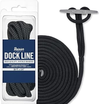 RainierSupplyCo Dock Lines - Boat Rope for Docking with Loop - 30 ft x 3/4 Inch Premium Double Braided Nylon Marine Rope - Mooring Line with 18" Eyelet - Boat Accessories - Black