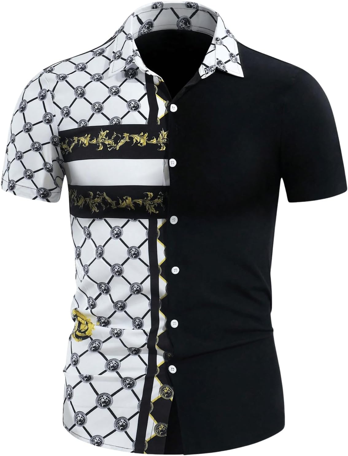 WDIRARA Men's Baroque Printed Dress Shirts Short Sleeve Button Down Business Dress Shirts