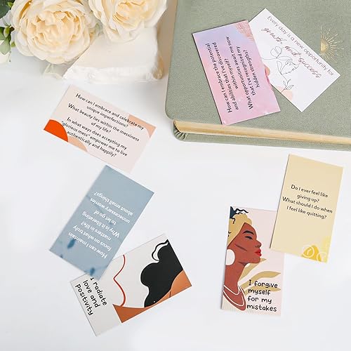 Miniatura 3 de BRYTEFY 100 tarjetas de afirmación empoderadoras para mujeres, motivación diaria con preguntas que invitan a la reflexión, atención plena,