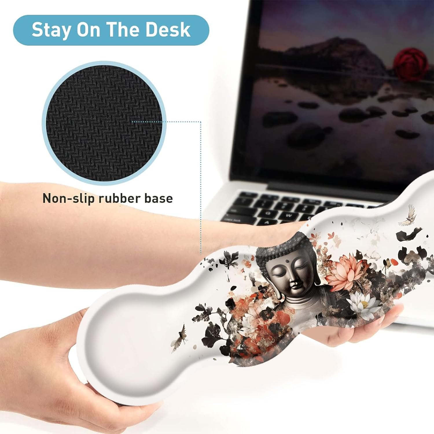 Large Mouse Pad Set,Extended Mouse Pad+Keyboard Wrist Rest Support Desk Pad Memory Foam Ergonomic Easy Typing,31.5×11.8 in Desk Mat Set for Home Office,Buddha with Lotus