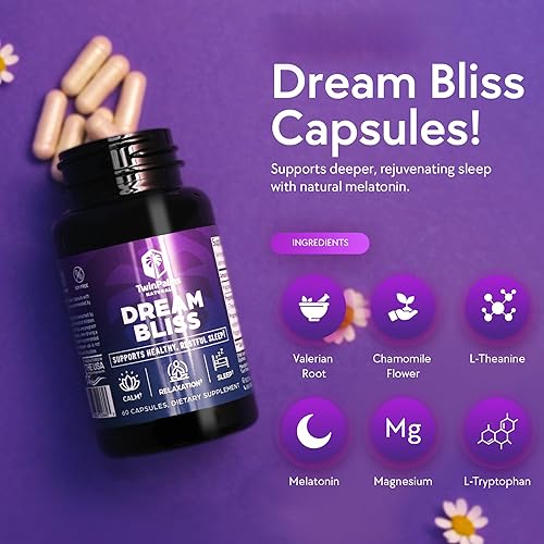 Miniatura 2 de Twin Palms - Suplemento de apoyo para dormir Dream Bliss  Relajación calmante de flor de manzanilla de melatonina  Apoyo de bienestar natural diario