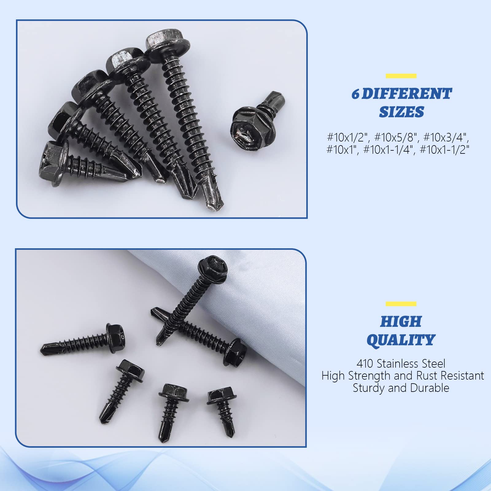Glarks 230Pcs 410 Stainless Steel #10 Hex Washer Head Self Drilling Screws Assortment Kit 6 Size Black #10x1/2", 10x5/8" - Image 3