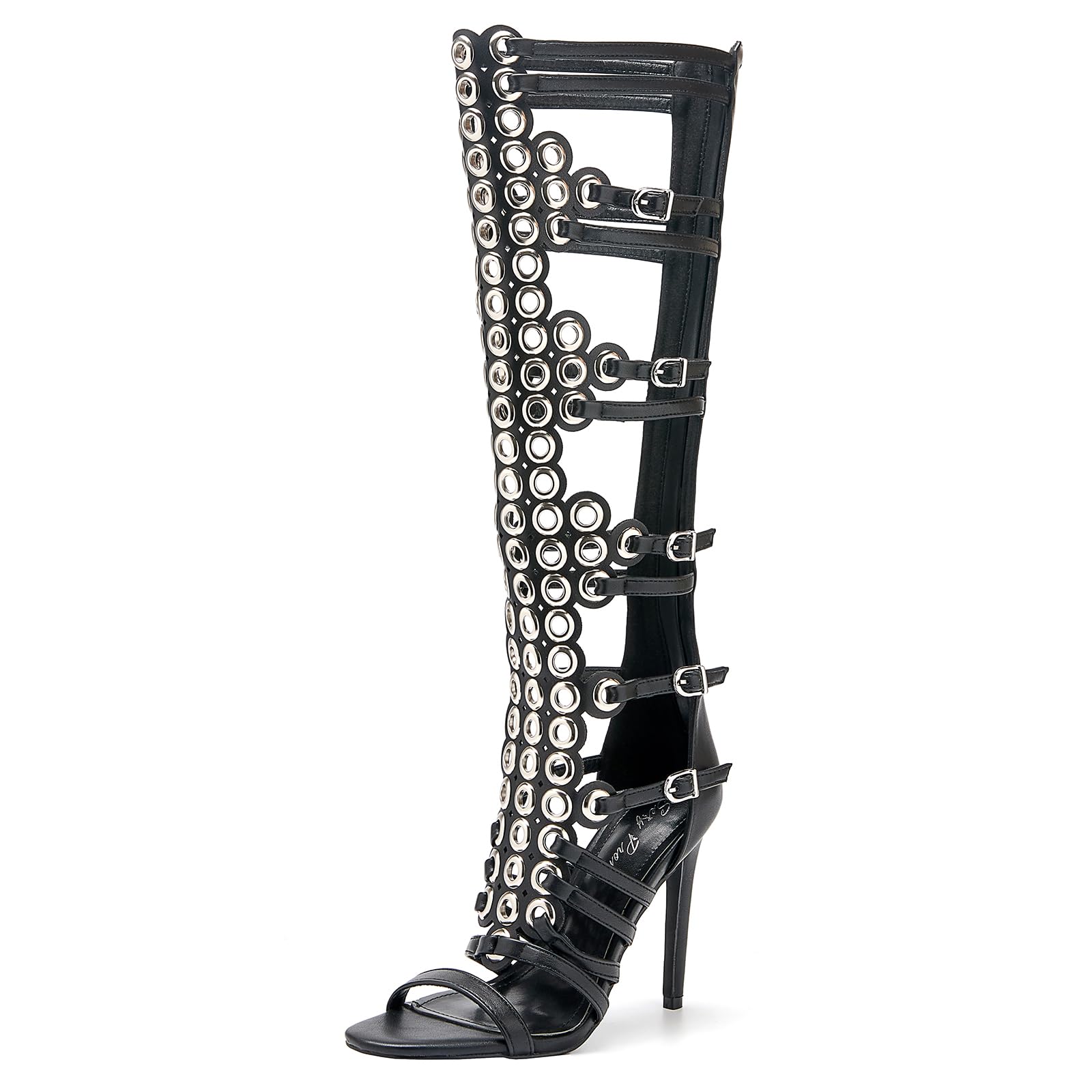 sexyprom Women's 4.3IN Hollow Open Toe Knee High Boots Metal Buckle Stiletto Heels Nightclub Party Wedding Shoes