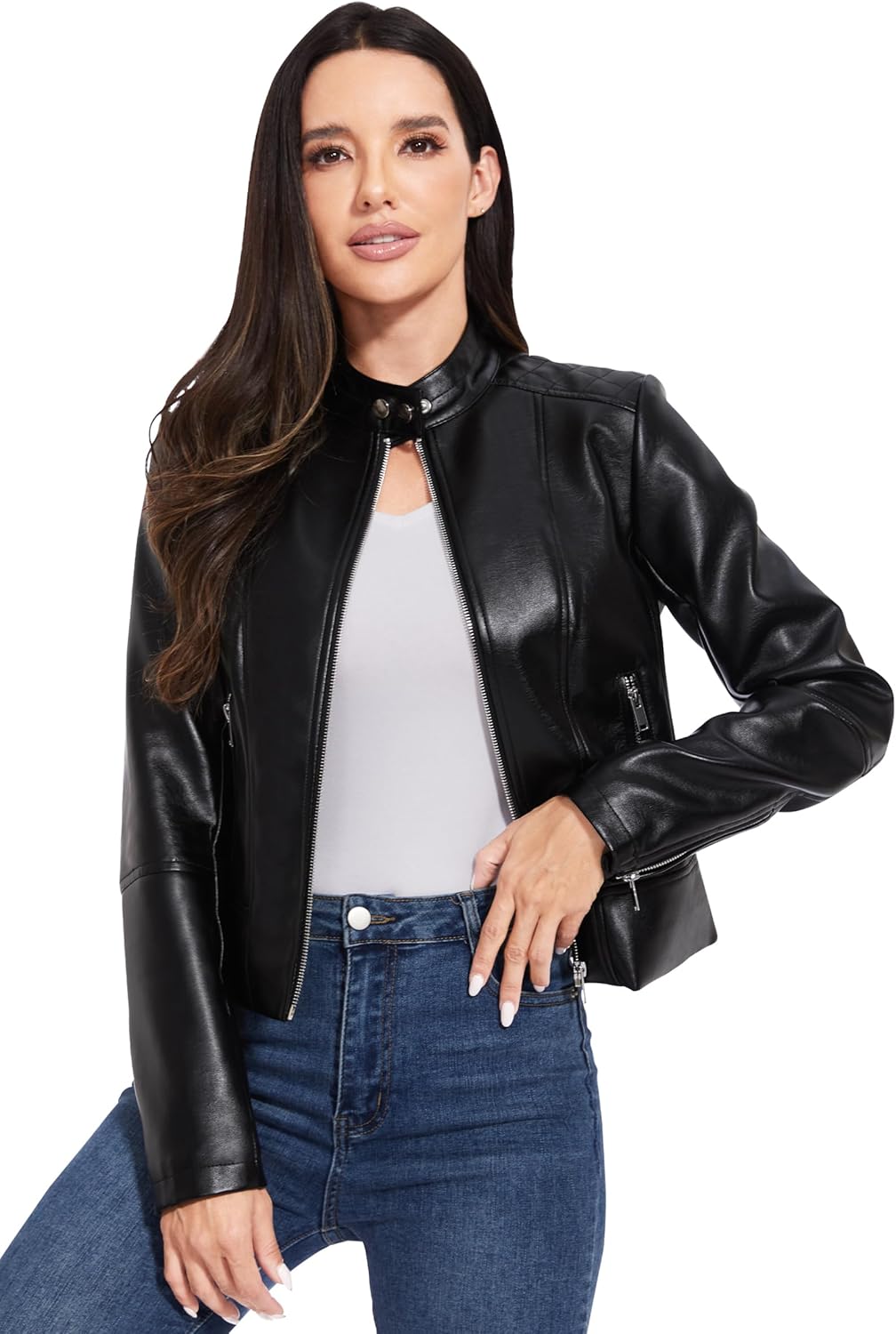 Fahsyee Faux Leather Jacket Women - Cropped Motorcycle Biker Casual Blazer S-XXL - Image 2