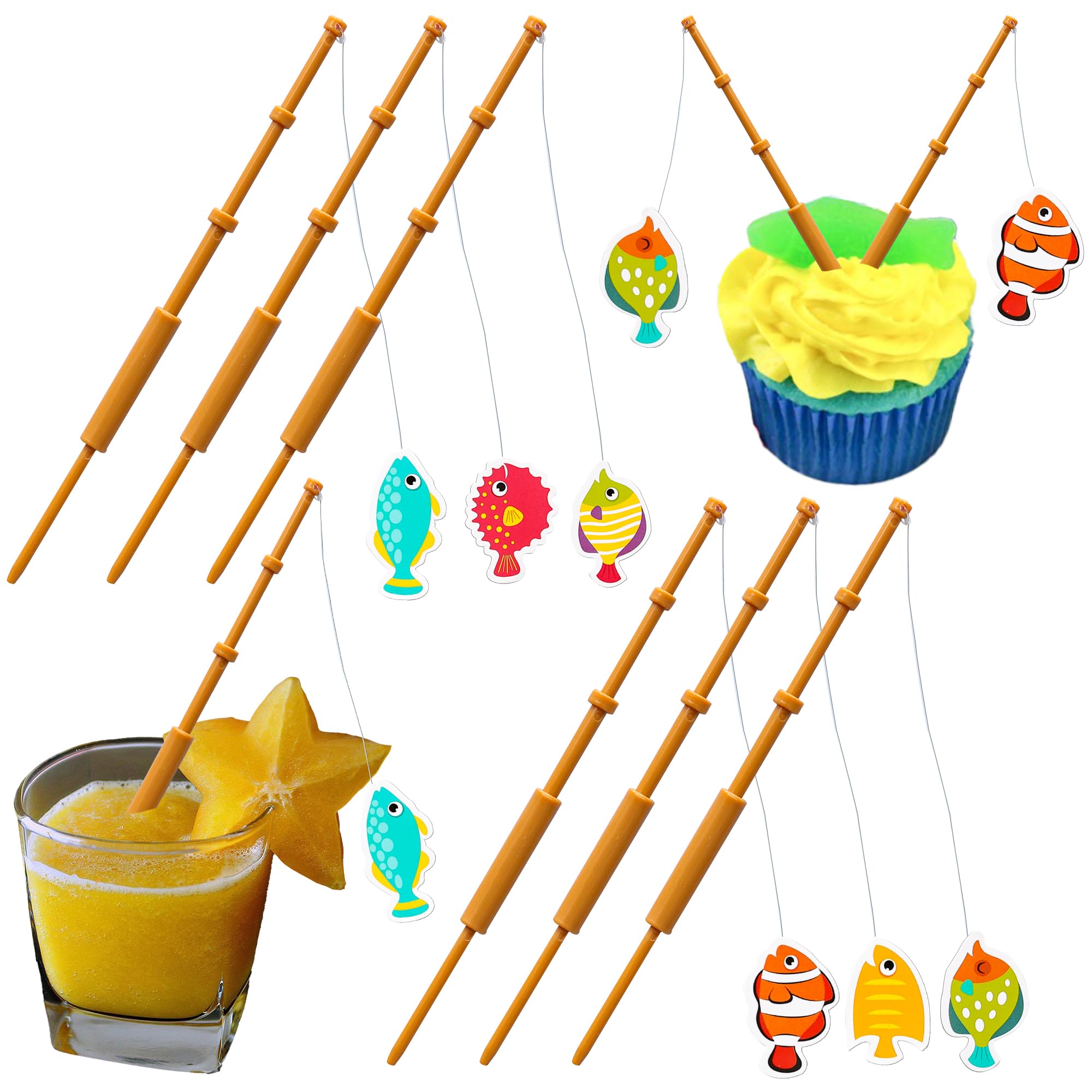 Ephlyn 6Pcs Mini Fish Pole Decoration Little Fisherman Fishing Pole Picks Fishing Party Decorations Fishing Cake Topper Fishing Themed Party Supplies for Birthday Party Decoration Supplies