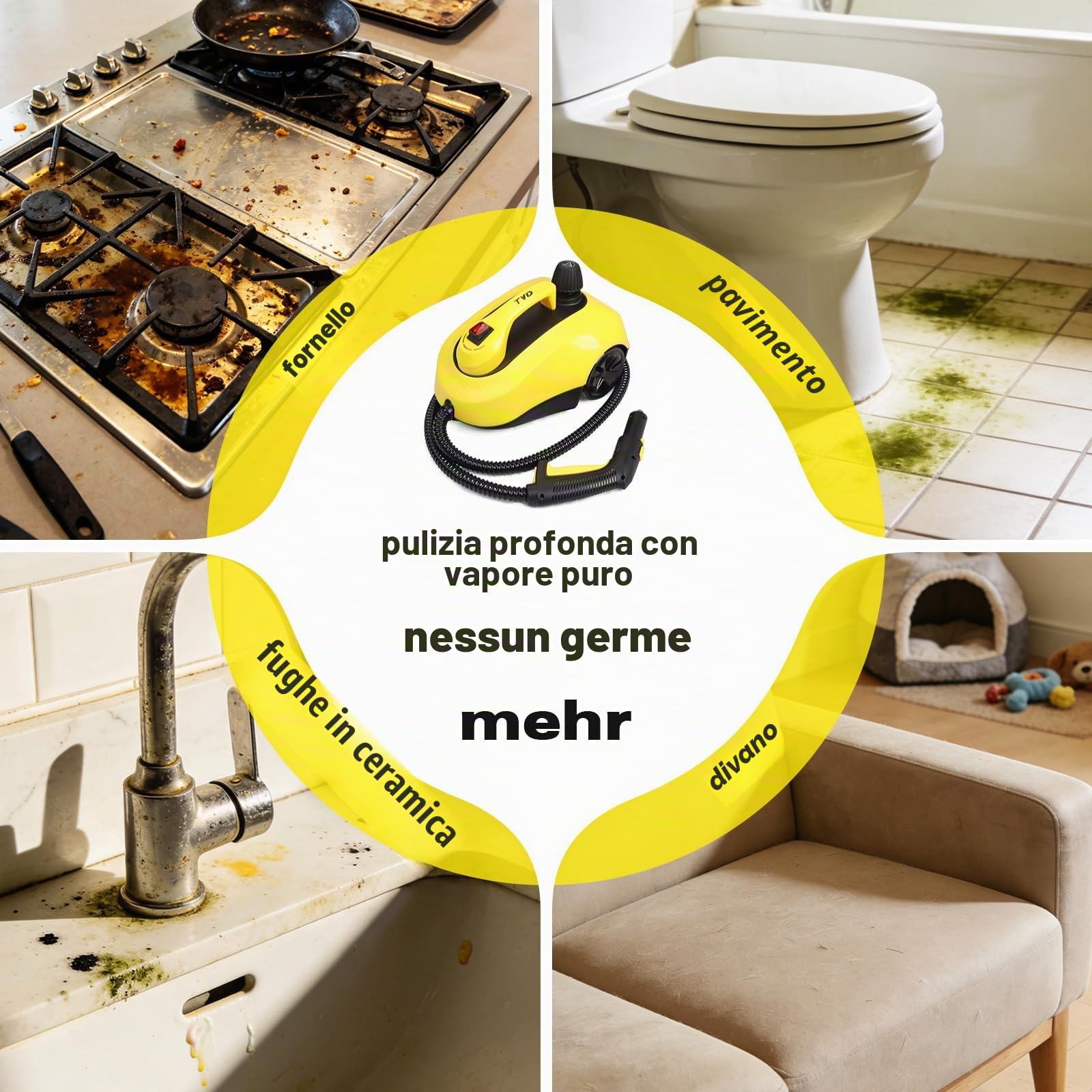 TVD Pulitore a Vapore Mobile, Pressione 3,5 bar, 1.5L, Con 26 Accessori | Con Cavo di Alimentazione Extra Lungo 5 m | per Pavimenti, Forno, Piastrelle, Tappeti, Cucina, Bagno | Senza Chimiche