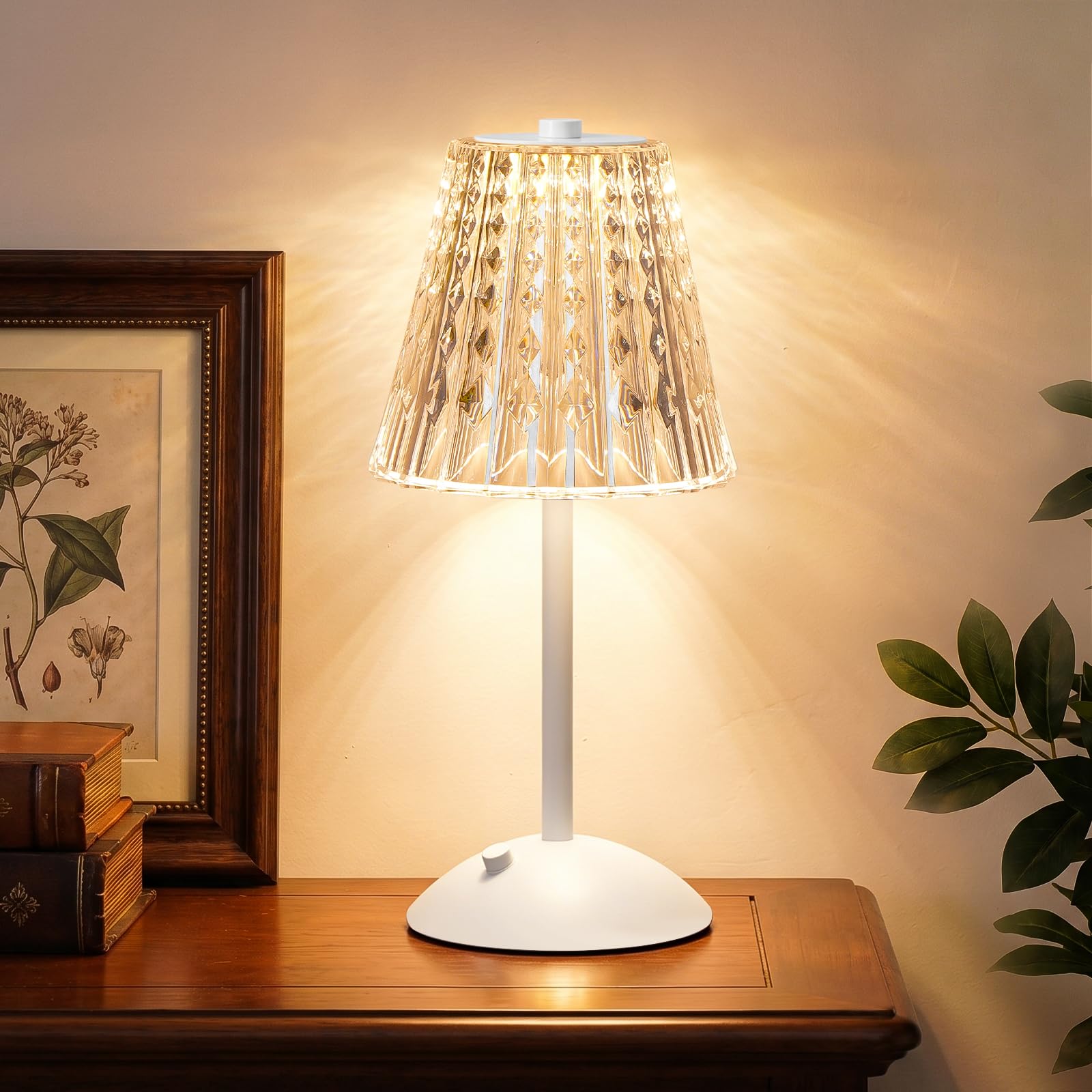 Nusogon Rechargeable Cordless Table Lamp, Touch Control Crystal Desk Lamp with 3500mAh Battery, 3 Color Dimmable LED Small Lamp for Bedroom Bedside Restaurant Kitchen Home Decor, White