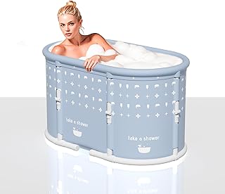 37" Extra Large Portable Bathtub, Foldable tub for Adults,Family Soaking Tub, Affordable,Lightweight,One second collapsible cold plunge tub (Oval, Blue & white flowers)