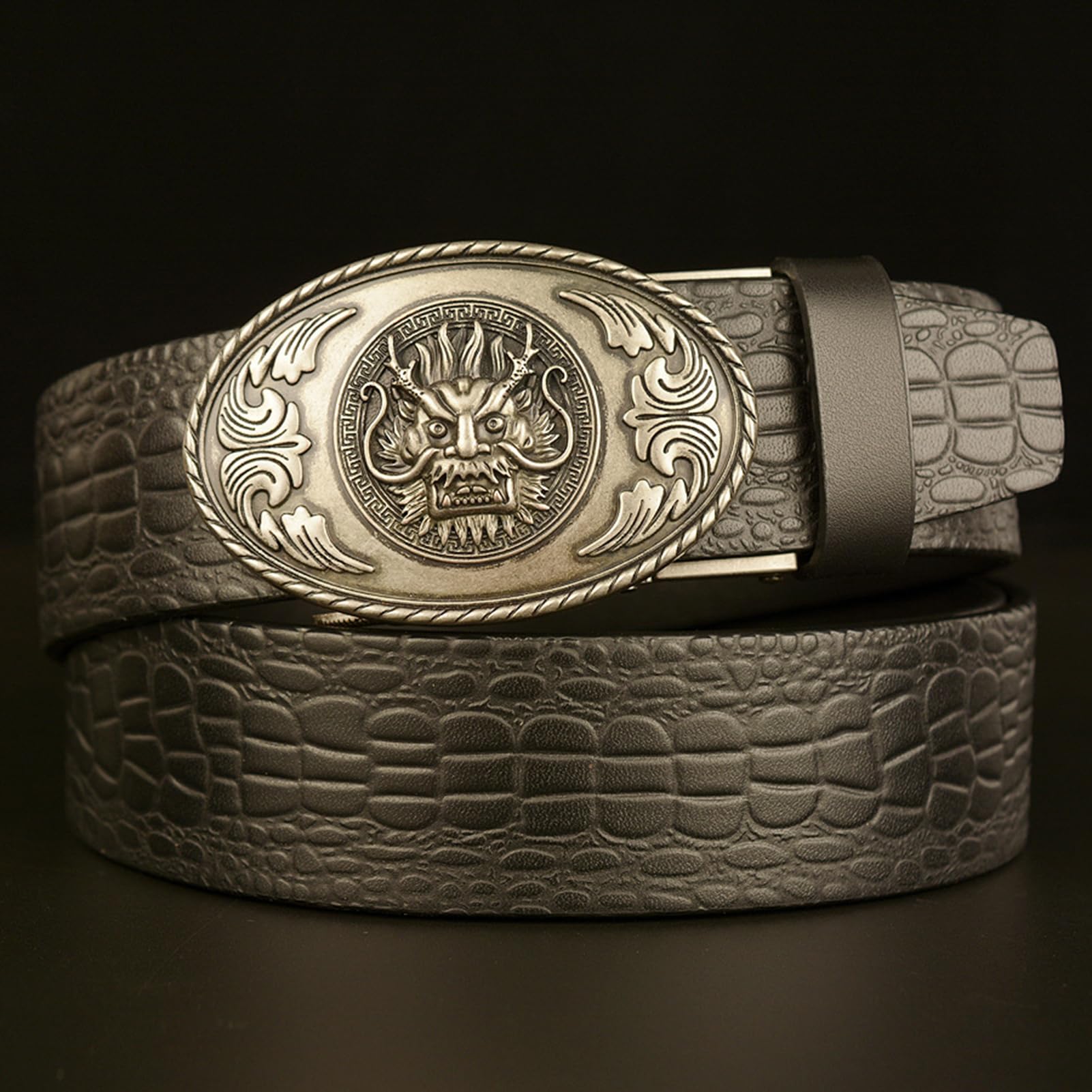 Cinturón De Cuero De Cocodrilo Repujado con Carraca con Cabeza De Dragón Plateada Hebilla Deslizante Automática Set De Regalo De Moda para Hombre(115cm/45, Black)