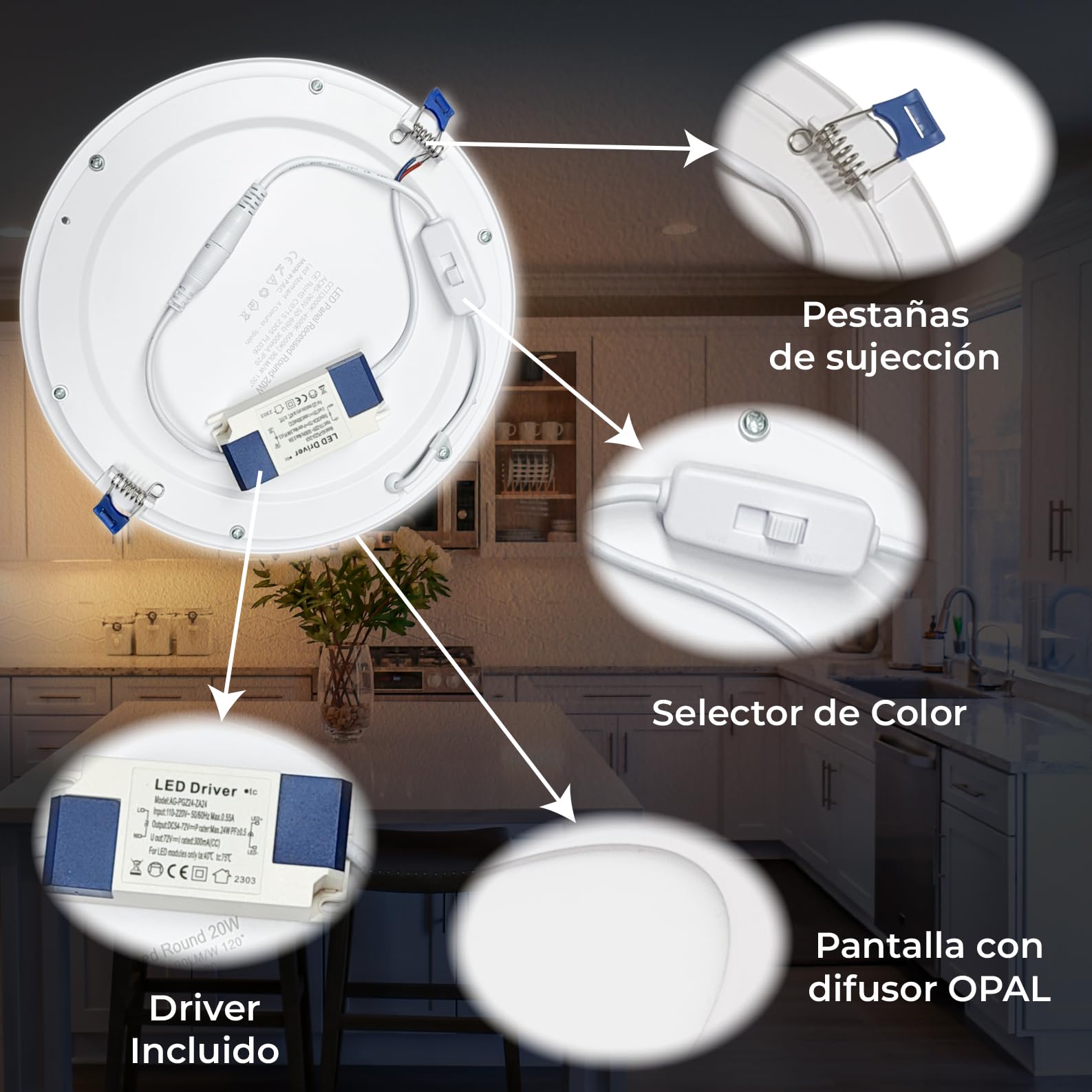 LED ATOMANT Pack 10x Downlight LED Panel Extraplano Redondo 220mm 20W CCT 1800 Lumenes Driver Incluido