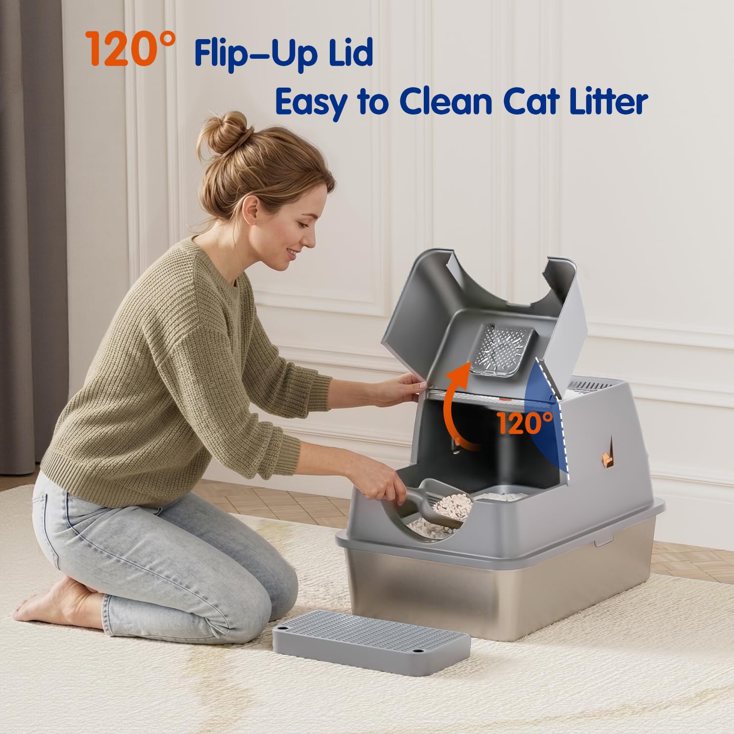 Stainless Steel Litter Box with Lid, XL Extra Large Cat Litter Box Enclosure, Front & Top Entry Covered Metal Cat Box with Steps & Scoop, Easy Cleaning - image 2