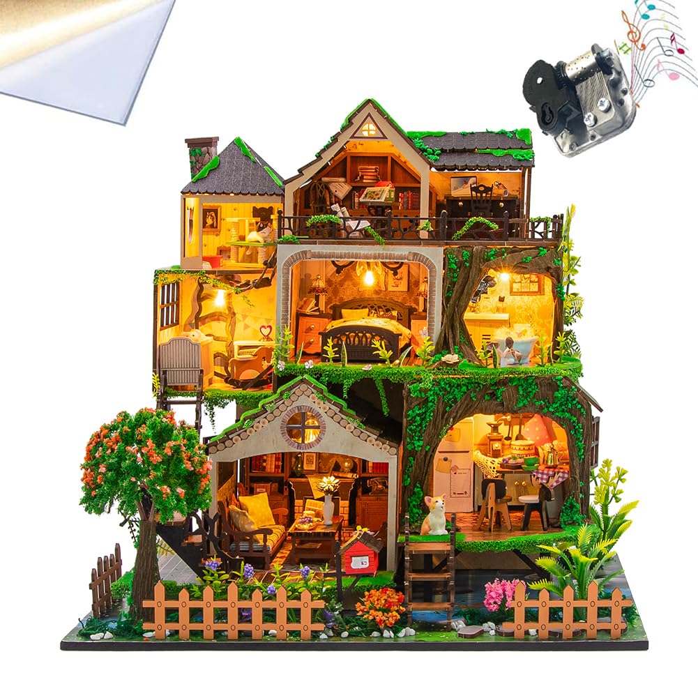 DIY Miniatur Puppenhaus Kit Multi Loft Haus Holz Miniaturen Haus Handwerk DIY Modellbausätze Weihnachten Geburtstag Geschenke für Männer und Frauen Freund (mit Staubschutz)