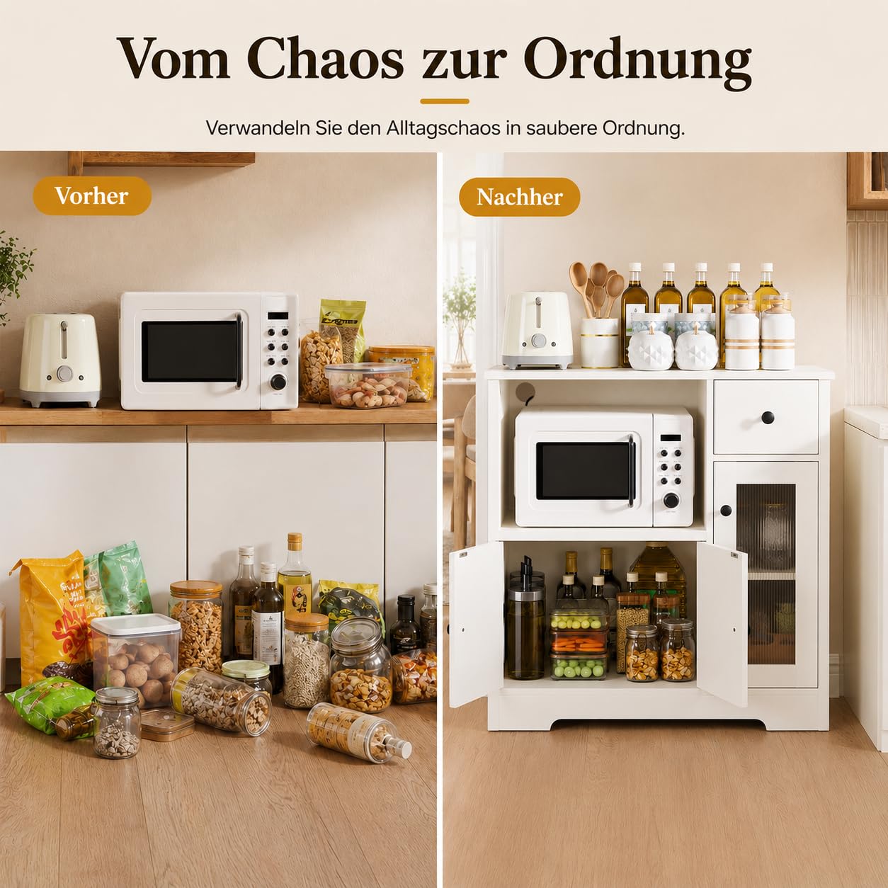 Yorbay Weiß Küchenschrank mit Arbeitsplatte und Mikrowellenregal: Sideboard mit 1 Schublade und 3 Türen für Küche - Mehrzweckschrank mit Kippschutz für Esszimmer Wohnzimmer