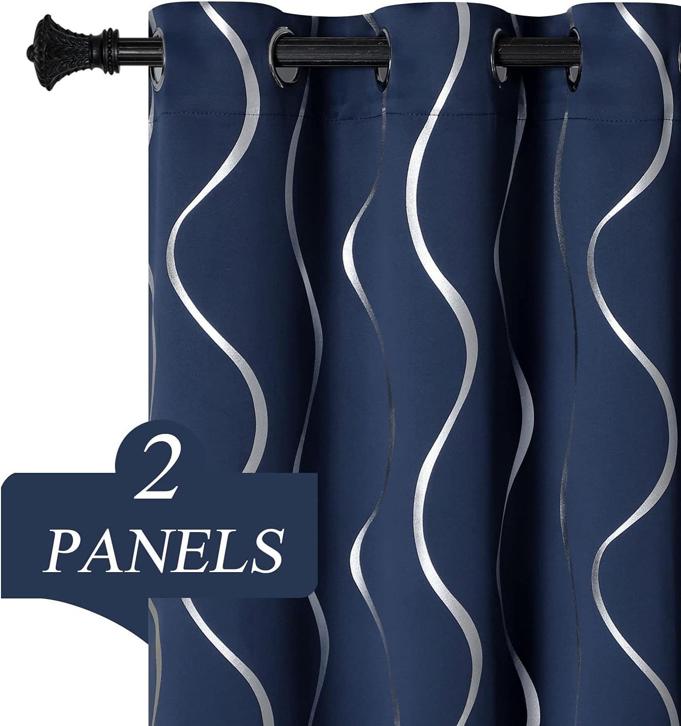 Estelar Textiler Grommet Top Blackout Curtains Foil Wave Printed Grommet Curtain Room Darkening Window Panels Thermal Insulated Curtain Drapes for Nursery, 38W x 45L Inch, 2 Panels, Navy Blue