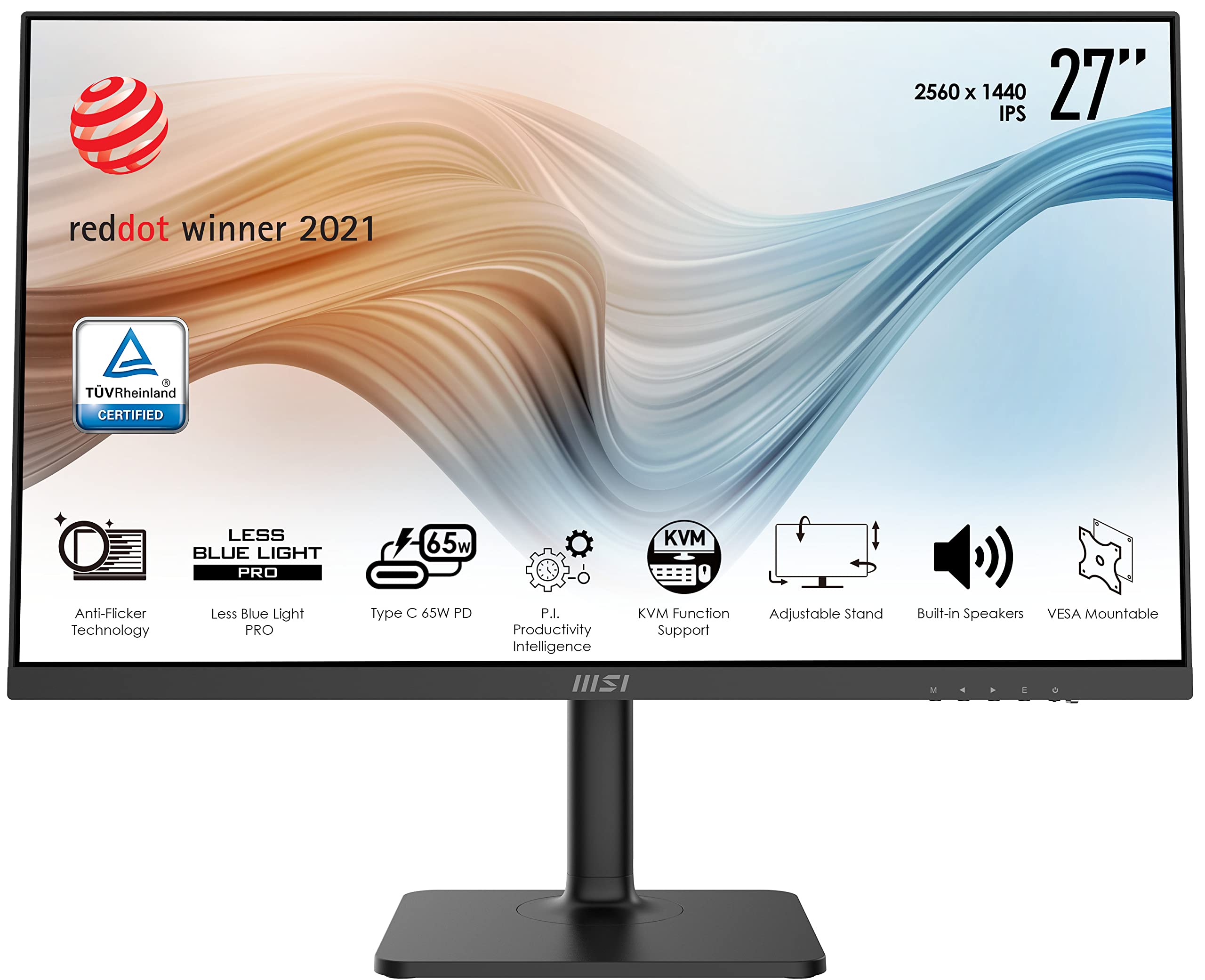 msi Modern MD272QP Monitor da Ufficio 27 Pollici WQHD - Pannello IPS 2560 x 1440, 75 Hz, Schermo Eye-Friendly, Speaker integrati, Supporto Regolabile a 4 Vie, KVM - DP 1.2, USB Type-C