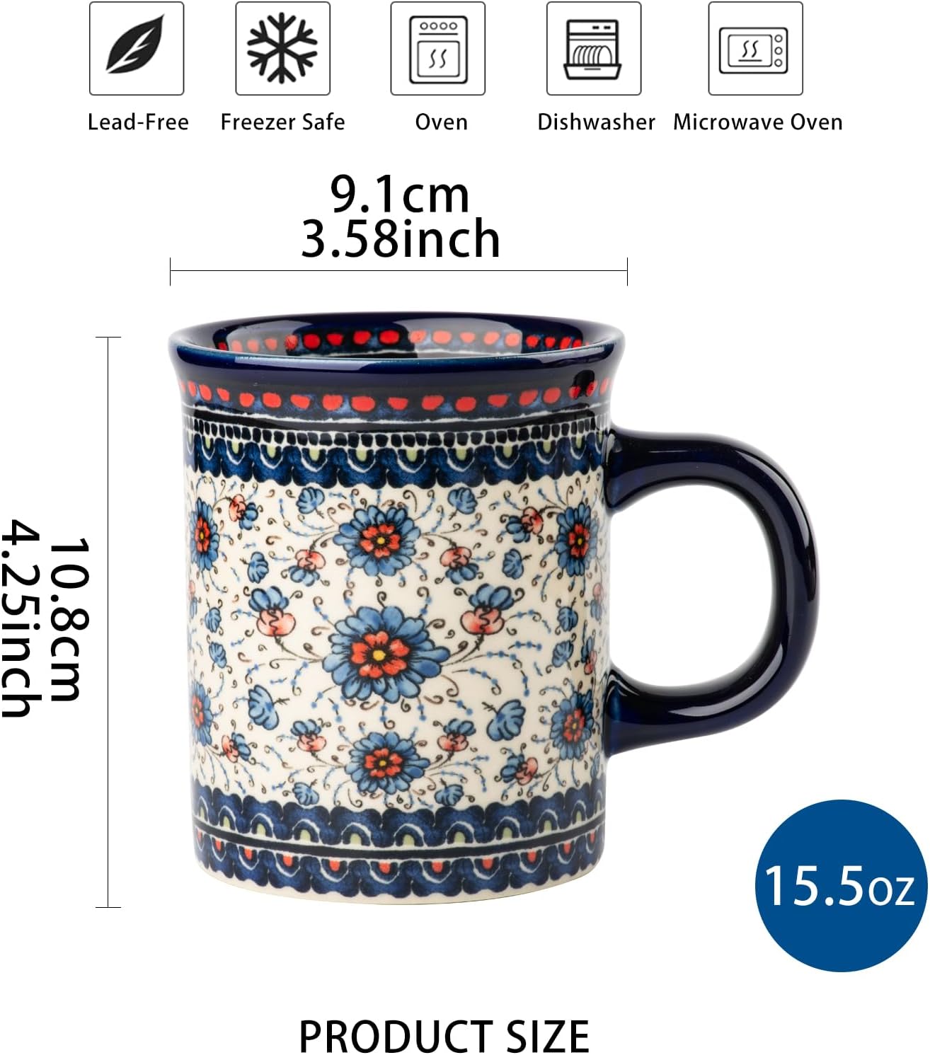 Ceramic Latte Mug Set of 4, 15.5oz Hand Painted Porcelain Coffee Cups With Handle for Tea/Milk/Cocoa - Modern Retro Design For Any Kitchen. Microwave and Dishwash Safe (Assorted Colors)