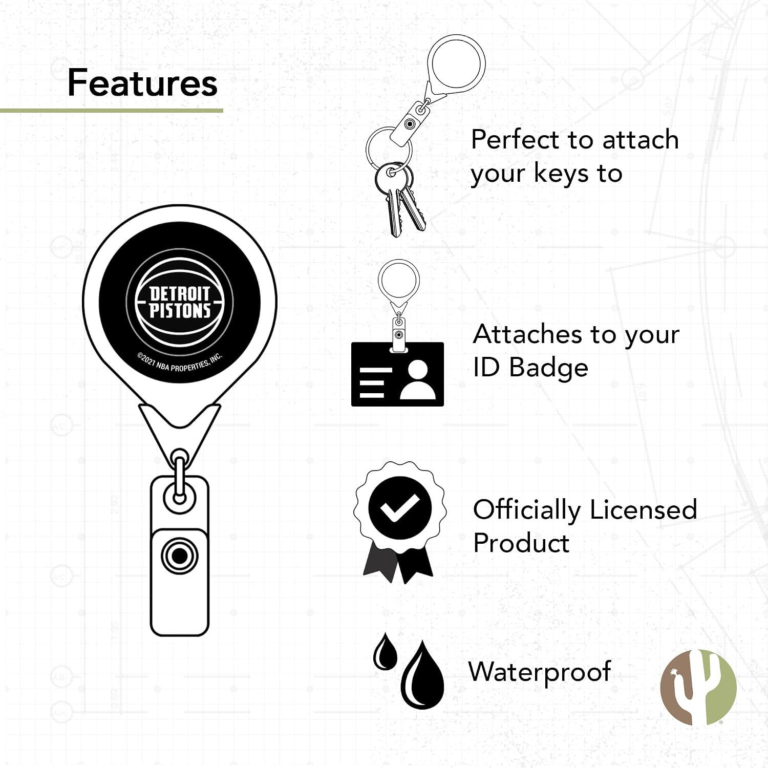 Desert Cactus Detroit Pistons Retractable Badge Holder NBA ID Reel with Ticket Clip for Lanyard, Work, School & Office Access (Badge Reel A with Pouch)