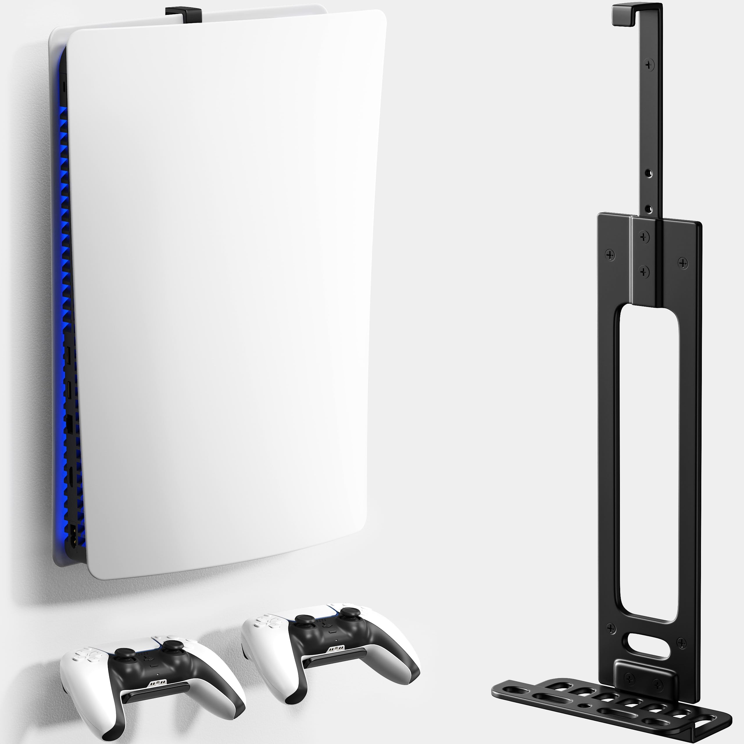 Wall Mount for PS5 with 2 Controller Holders, Sturdy Metal Console Holder Compatible with PlayStation 5, PS5 Slim, PS5 Pro Disc & Digital Editions, Black