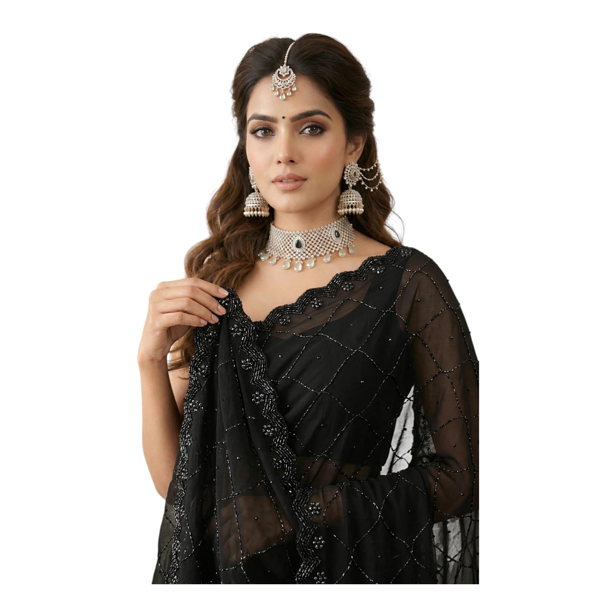royal zari Women's Zed Black Premium Georgette Saree with Handwork Cutbeads-picture-27