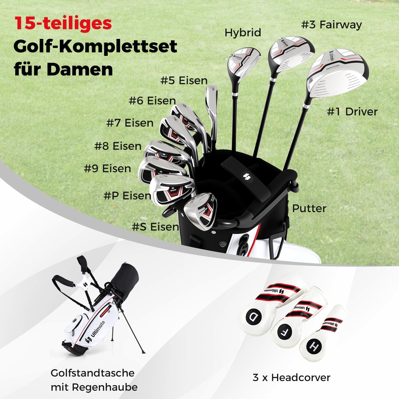 FANTASK Damen Golfschläger Set mit 1 Driver & 3 Fairway & 4 Hybrid & 6/7/ 8/9/ P Eisen & Putter & Regenhaube, Rot