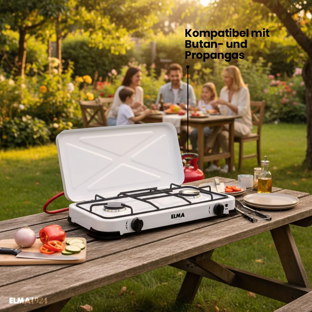 ELMA Camping Gaskocher 2-flammig, kompatibel mit Butan- und Propangas I Tragbarer Gasherd Gaskocher Campingkocher I Inklusive Montageanleitung I 58 x 25 x 5,4 cm | Weiß