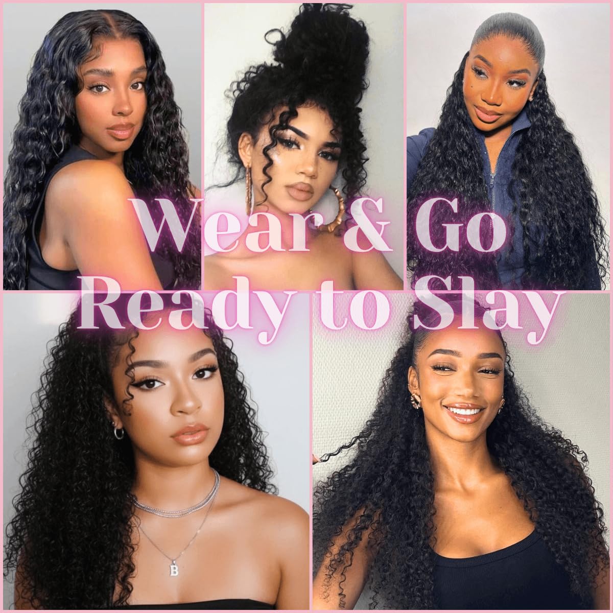 6PCS Half Up Half Down Ponytail Extension Set, 20inch Long Water Wave Clip in Wrap Ponytail Hair Piece, Black Fuller Wave Curly Fake Pony Tail with Clip in Low-tempereture Fiber Hair for Women