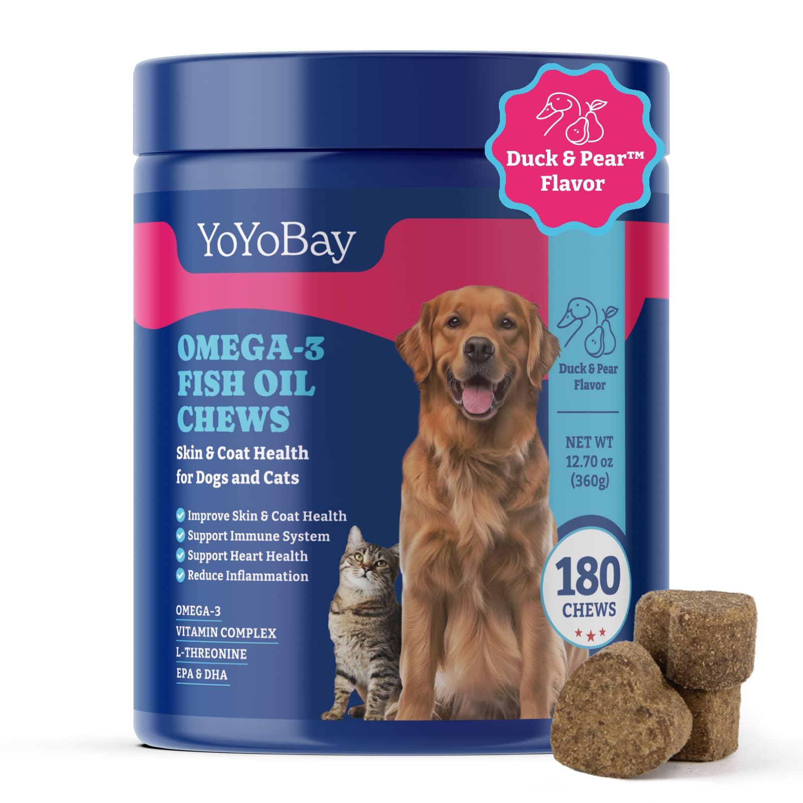 YoYoBay Fish Oil Chews for Dogs & Cats, Omega 3 Fish Oil for Dogs - Rich in Omega 3, 6, and 9 with Flaxseed Oil, EPA & DHA - 180 Soft Chews, Duck &