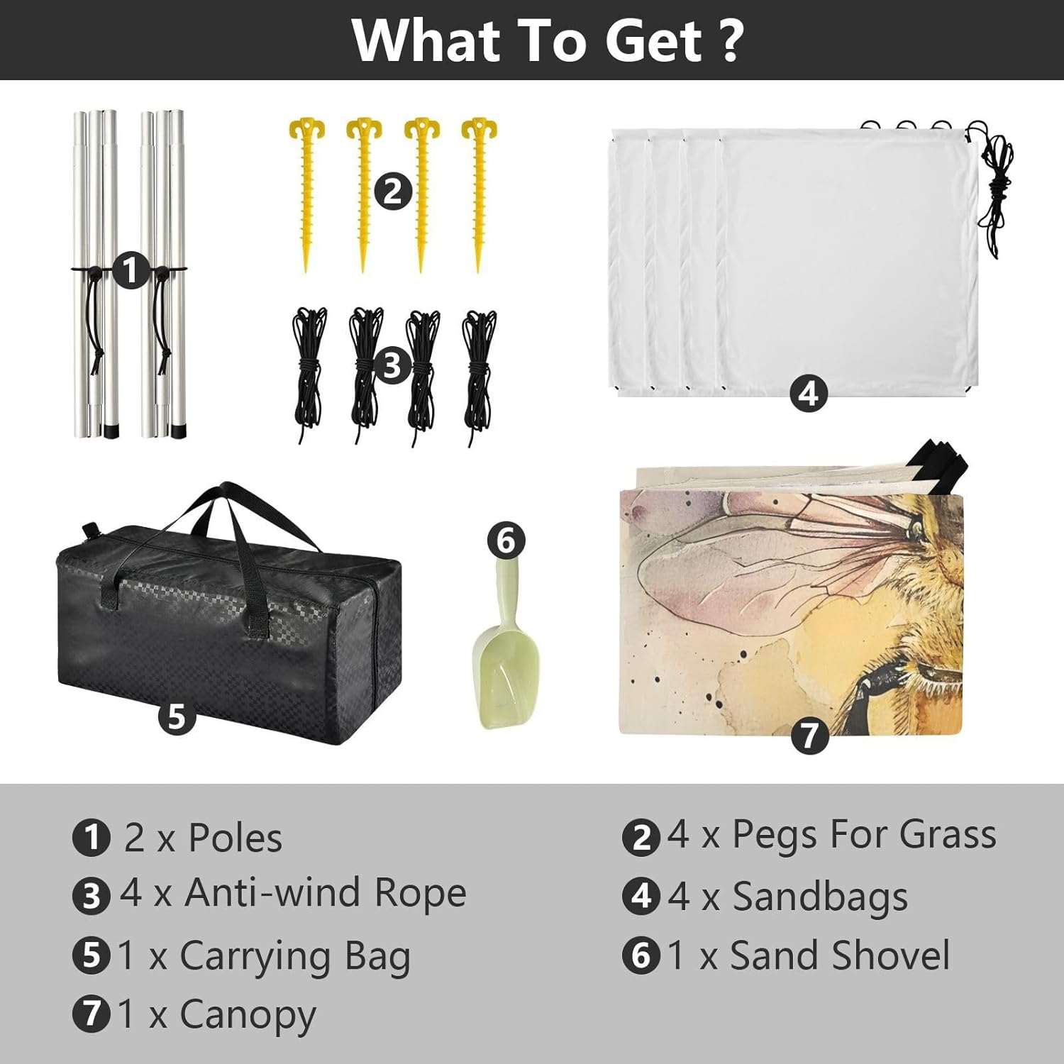 ALAZA Bee Watercolour Beach Tent Sun Shelter UPF50+ Protection Beach Shade Canopy w/ 4 Sandbags for Outdoor Camping, Fishing, Backyard Fun, Picnic, 10x9 ft