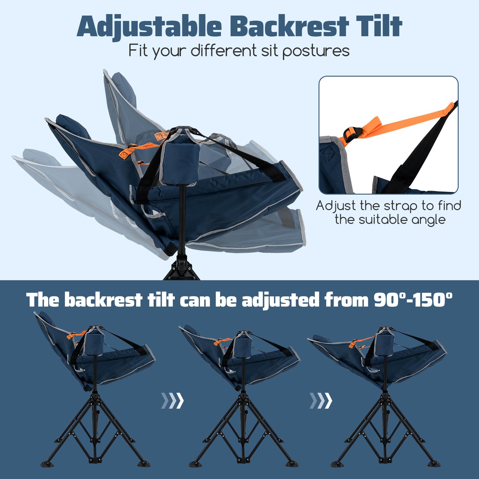 GOPLUS Chaise de Camping Hamac Portable, Chaise à Bascule Balancelle 90-150° avec Siège Rembourré et Appui-Tête, Dossier Réglable, Porte-Gobelet, Pliable pour Camping, 88 x 71 x 90 cm (Bleu)