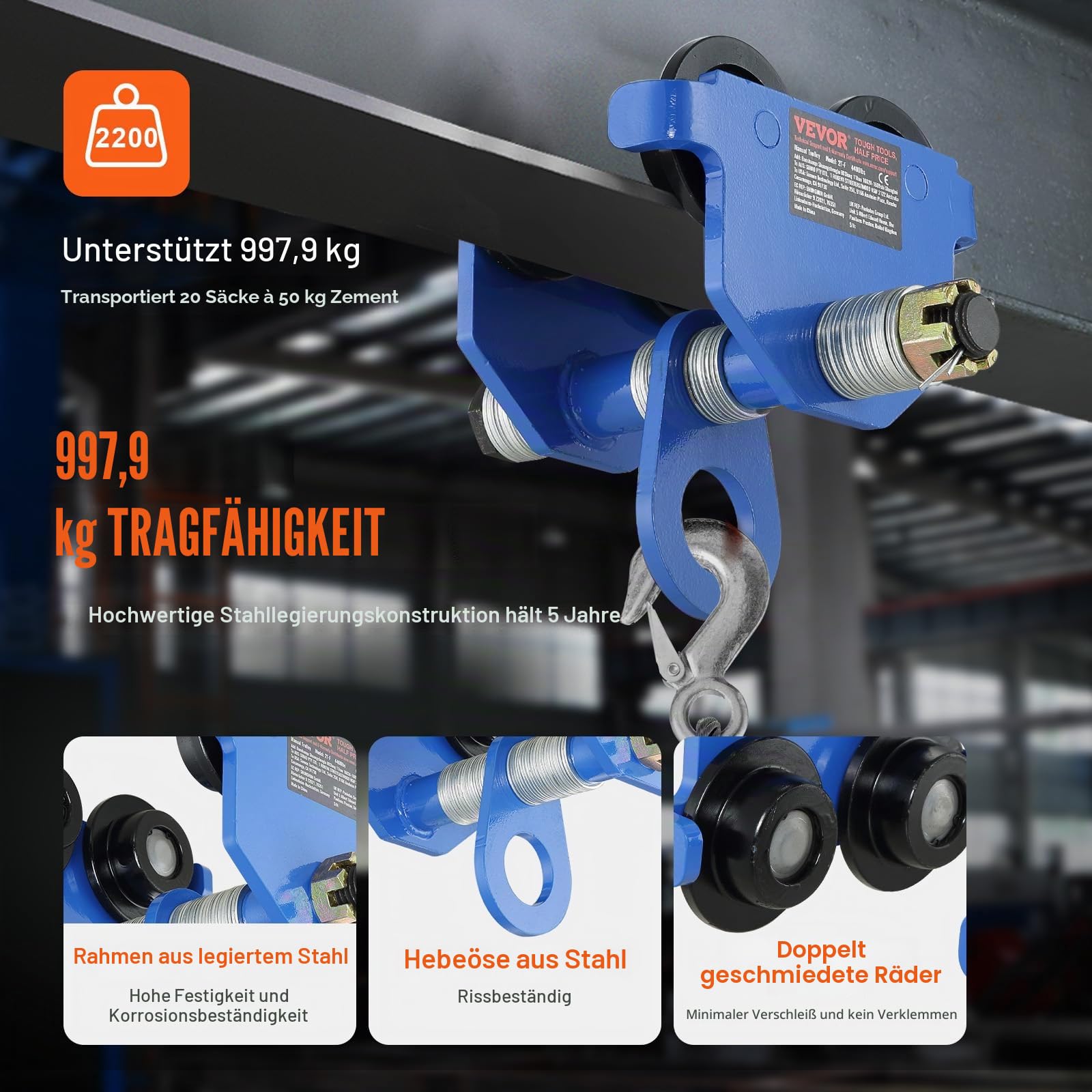 VEVOR Laufkatze 1000 kg Tragkraft Rollfahrwerk mit Doppelrädern, einstellbar für I-Trägerflanschbreite 63,5 bis 177,8 mm Hochleistungs-Garagenhebezeug aus legiertem Stahl für gerade gebogene I-Träger