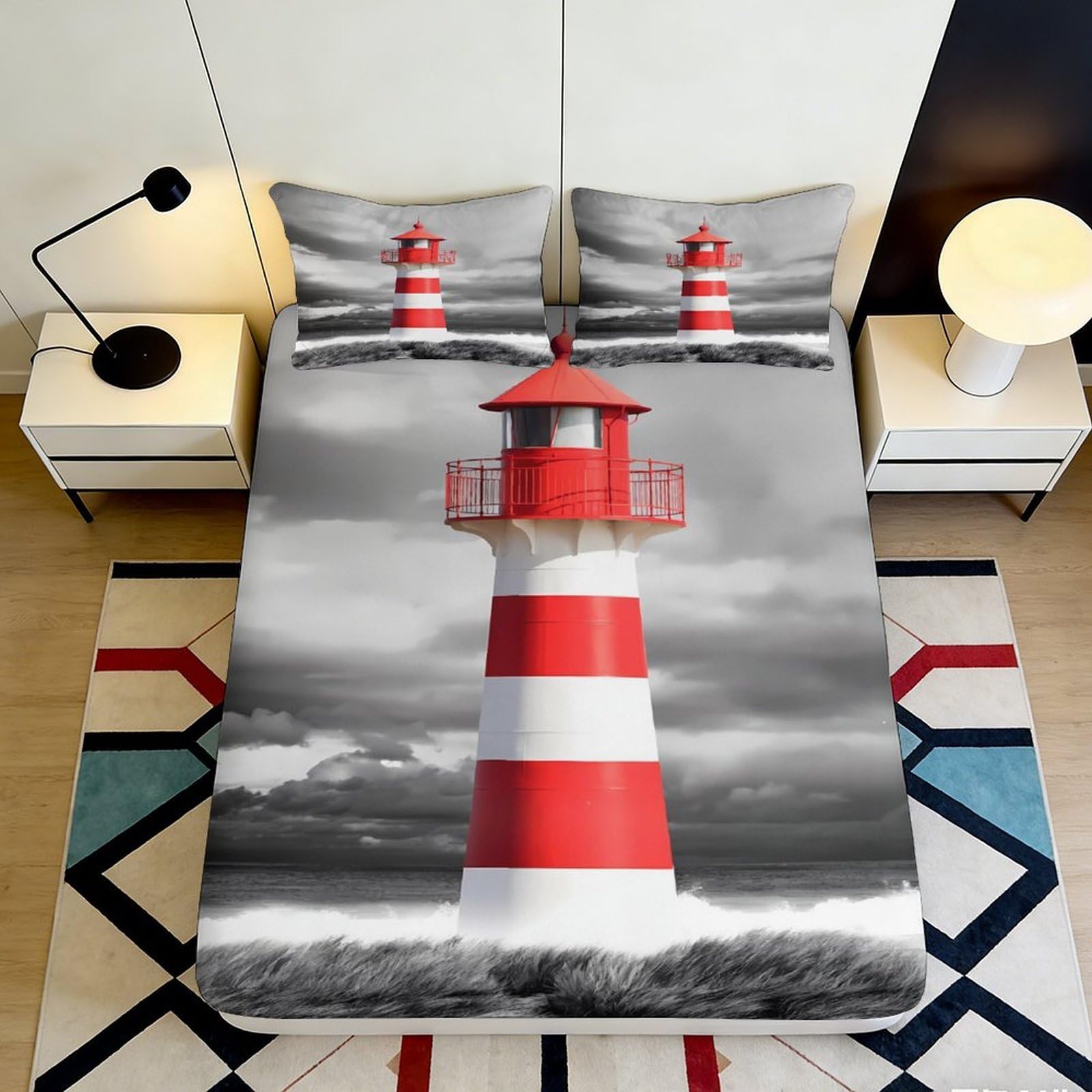 3D Printed Lighthouse Pattern Fitted Sheet Microfiber Non-Slip Deep Pocket Lighthouse Mattress Fitted Cover for Bedroom Bedding 160x200x25cm