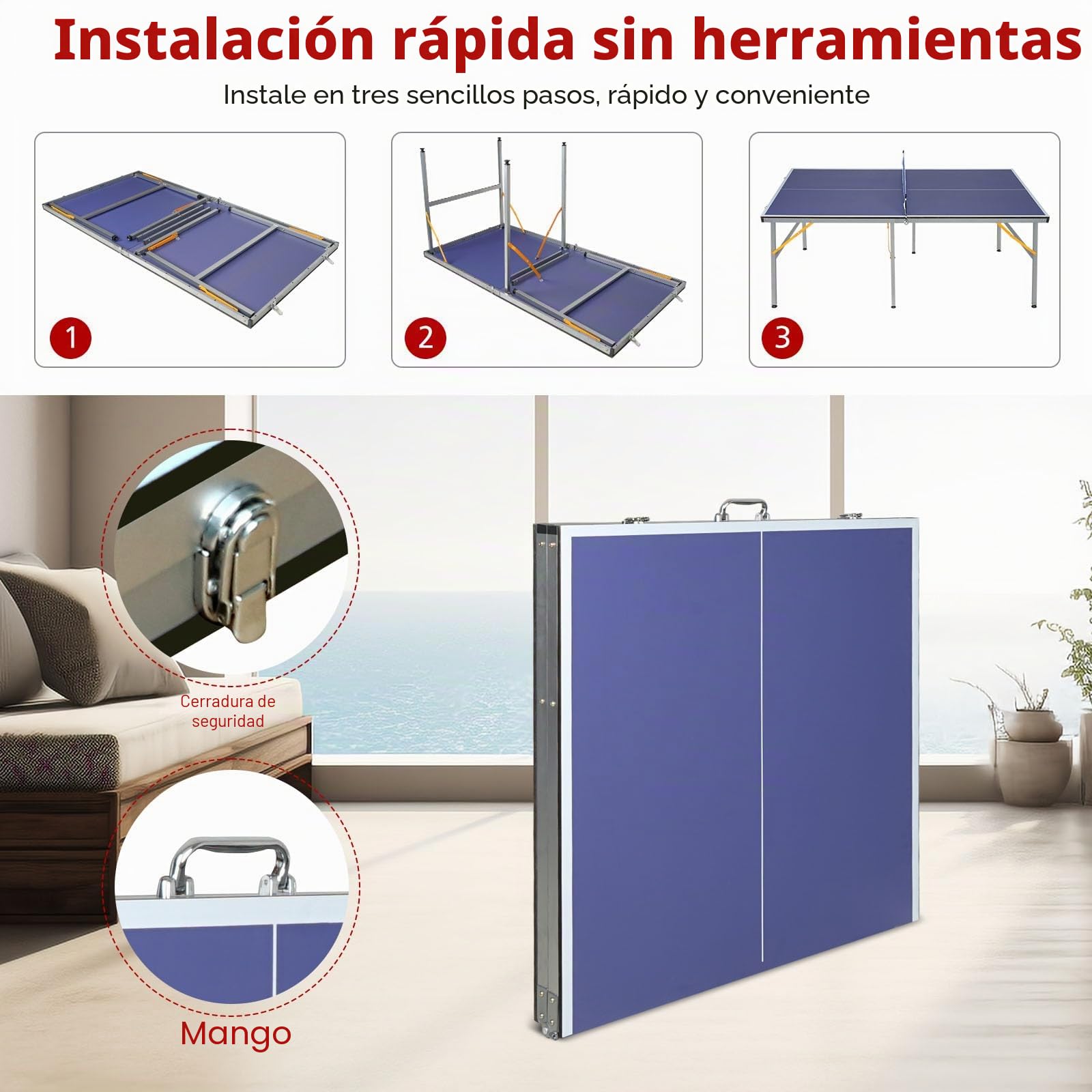 Mesa de Tenis de Mesa de Tamaño Mediano 1.8x0.9m - Mesa de Ping Pong Plegable y Portátil para Interior/Exterior con Red, 2 Palas de Tenis de Mesa y 3 Pelotas