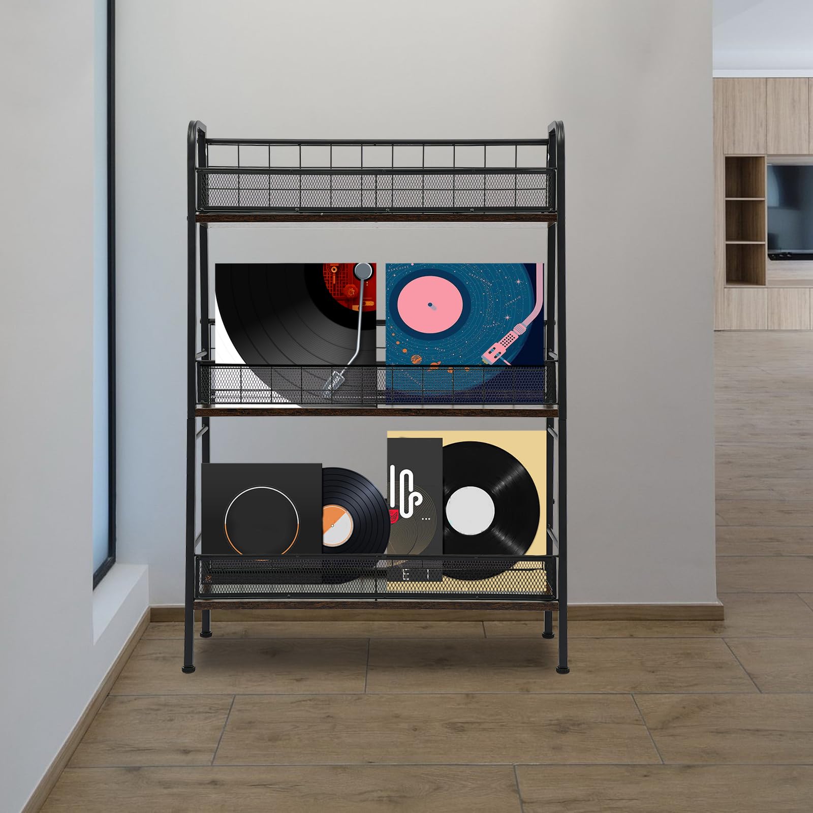 Supporto per giradischi a 3 ripiani, 66 x 22 x 100 cm, piedini regolabili, max. 25 kg, supporto per dischi a 3 piani per riviste, libri, CD