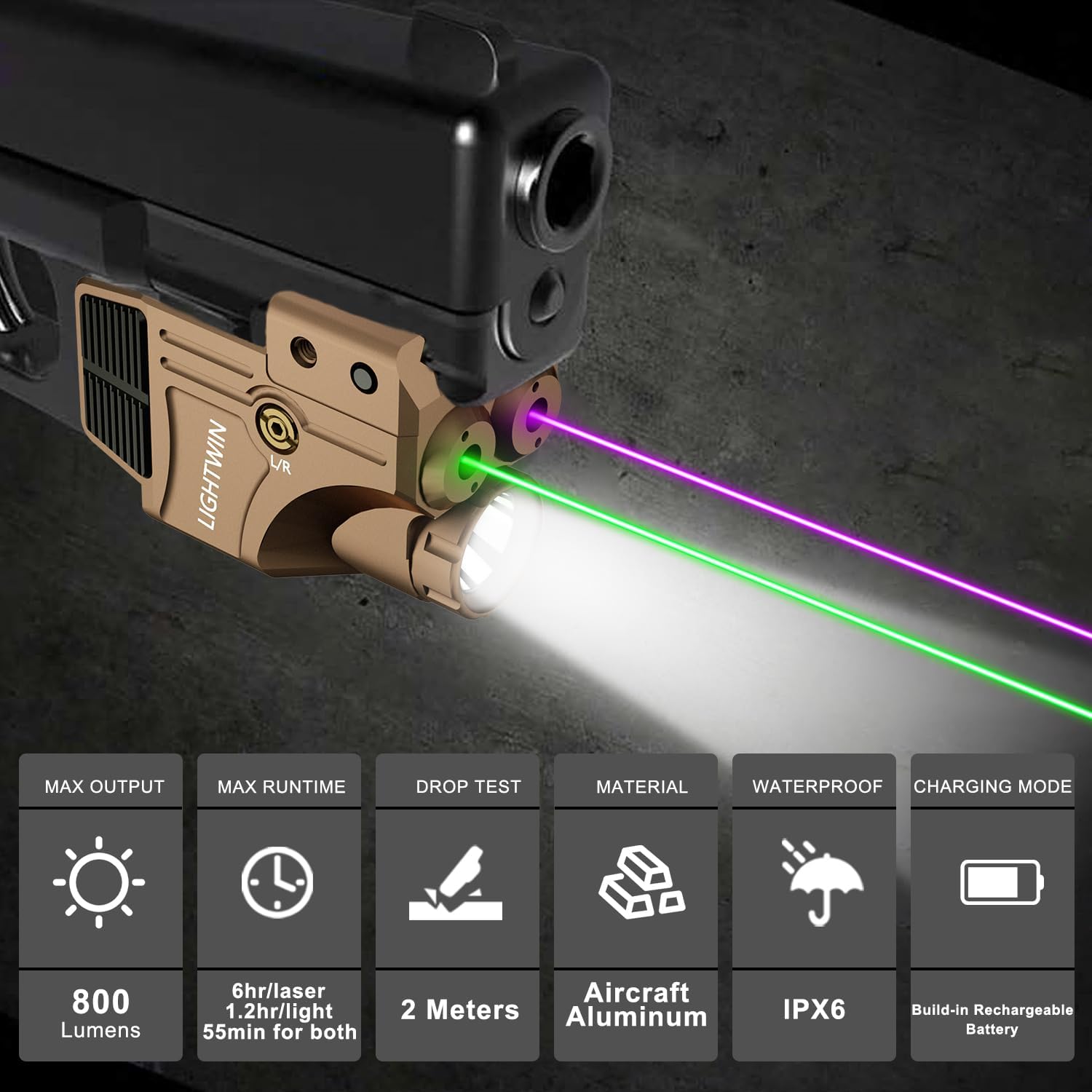 Red Green Blue Purple Laser Beams with 800 Lumens Flashlight for Pistols, 3 in1 Laser Light Combo, Tactical USB Rechargeable Laser Sight, Strobe & Steady Flashlight for Picatinny Rail