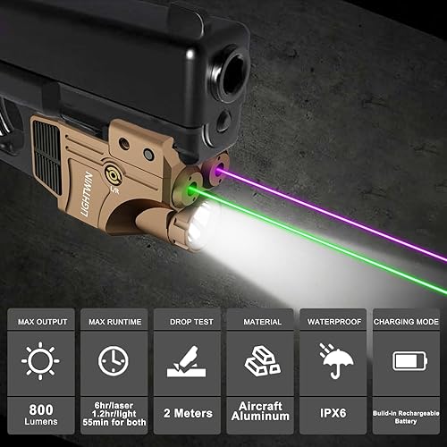 Miniatura 9 de Red Green Blue Purple Laser Beams with 800 Lumens Flashlight for Pistols, 3 in1 Laser Light Combo, Tactical USB Rechargeable Laser Sight, Strobe &
